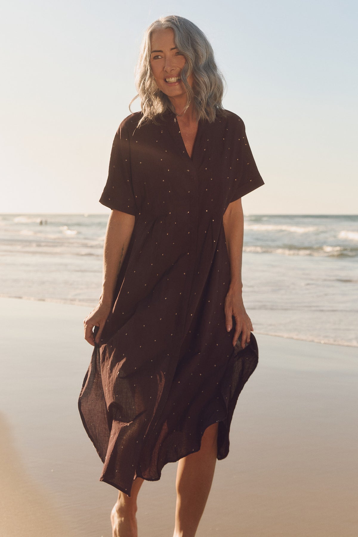 Bridget Pleated Dress in Chocolate Aurum