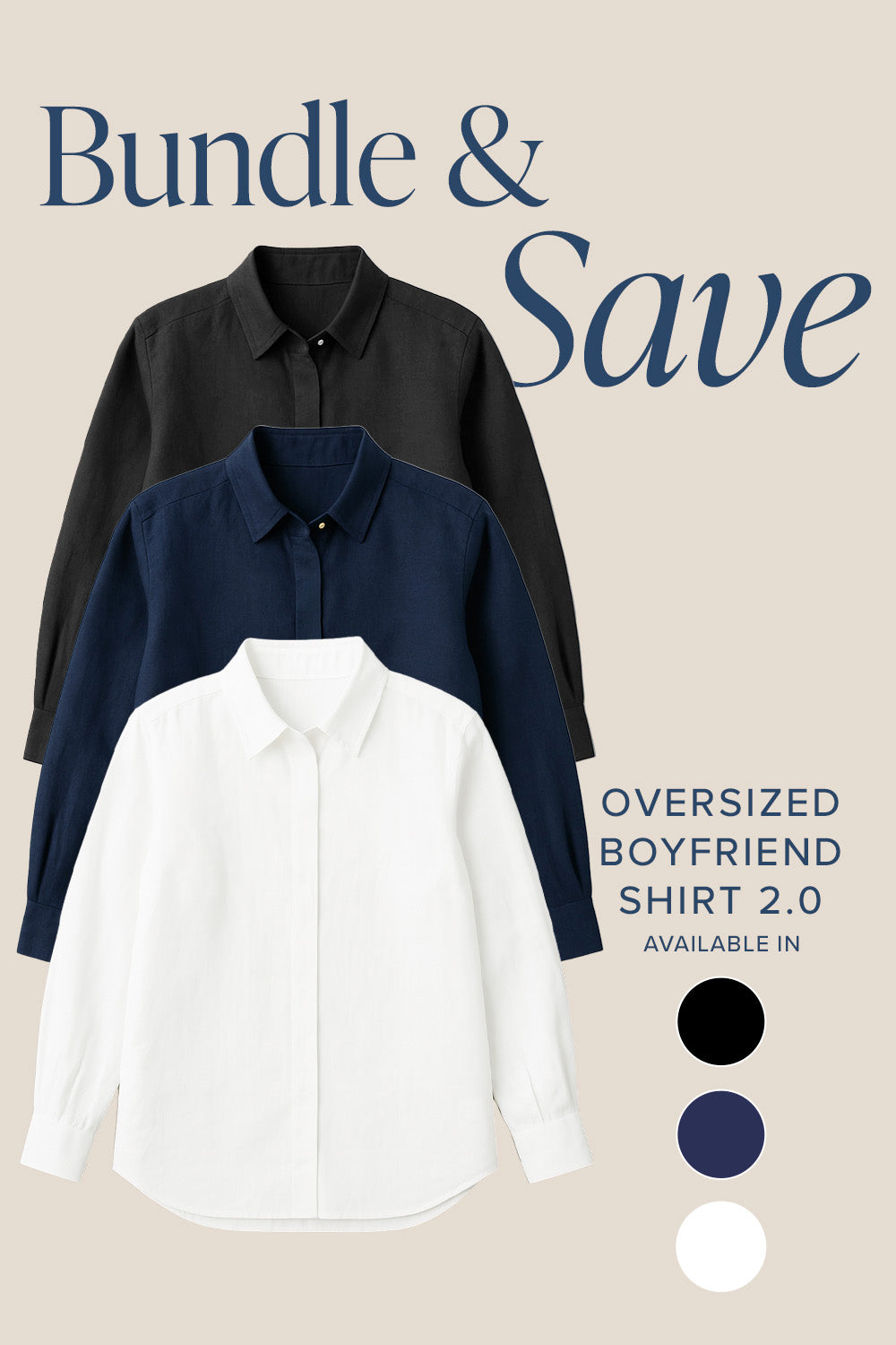 Three shirts in black, navy, and white with text 'Bundle & Save' on a beige background.