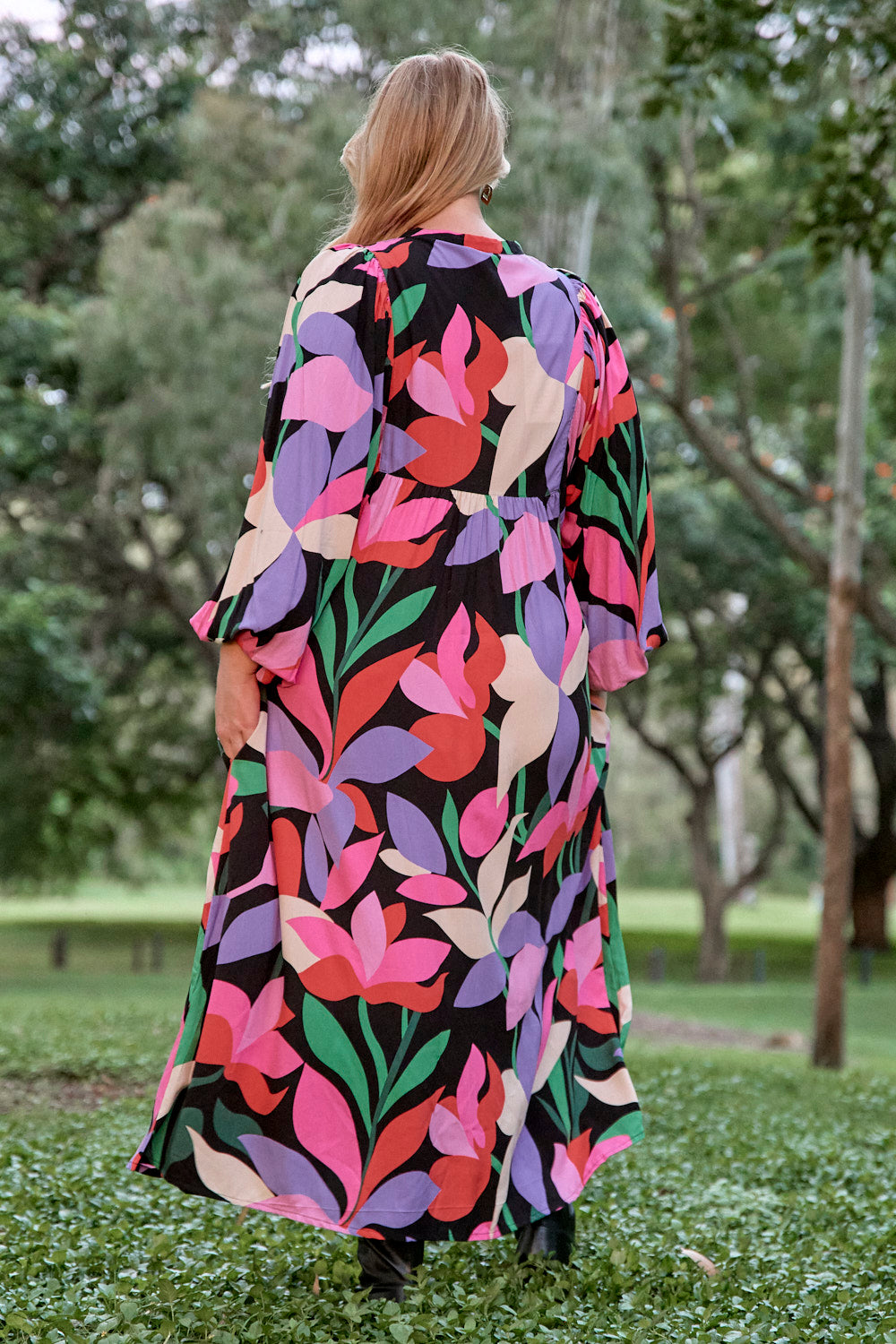 Cairo Long Sleeve Dress in Noir Petals