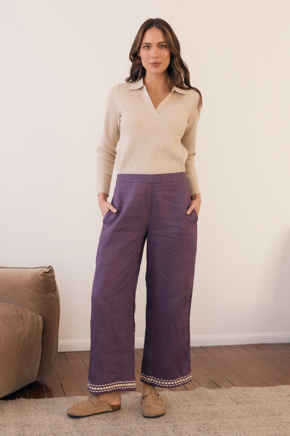 Camille Linen Wide Leg Pant in Merlot Dream