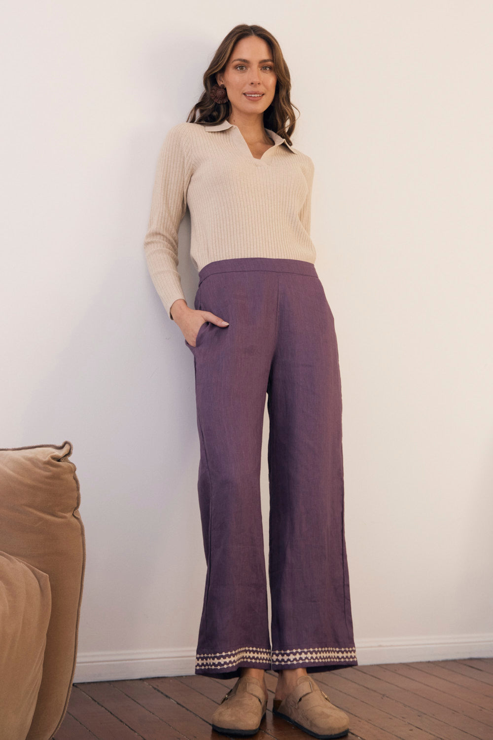 Camille Linen Wide Leg Pant in Merlot Dream