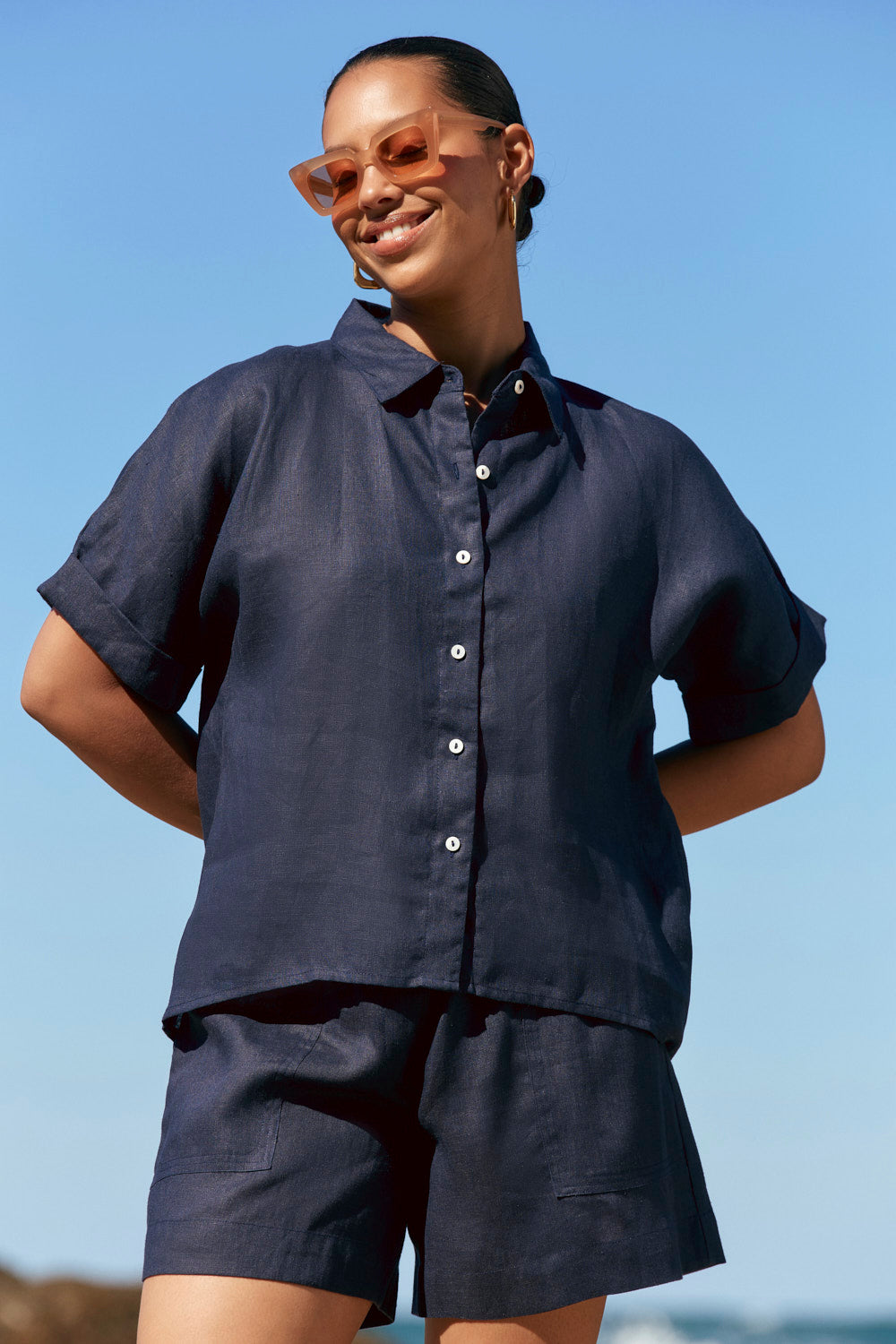 Carmen Linen Shirt in Navy, Shirt - Adrift Clothing