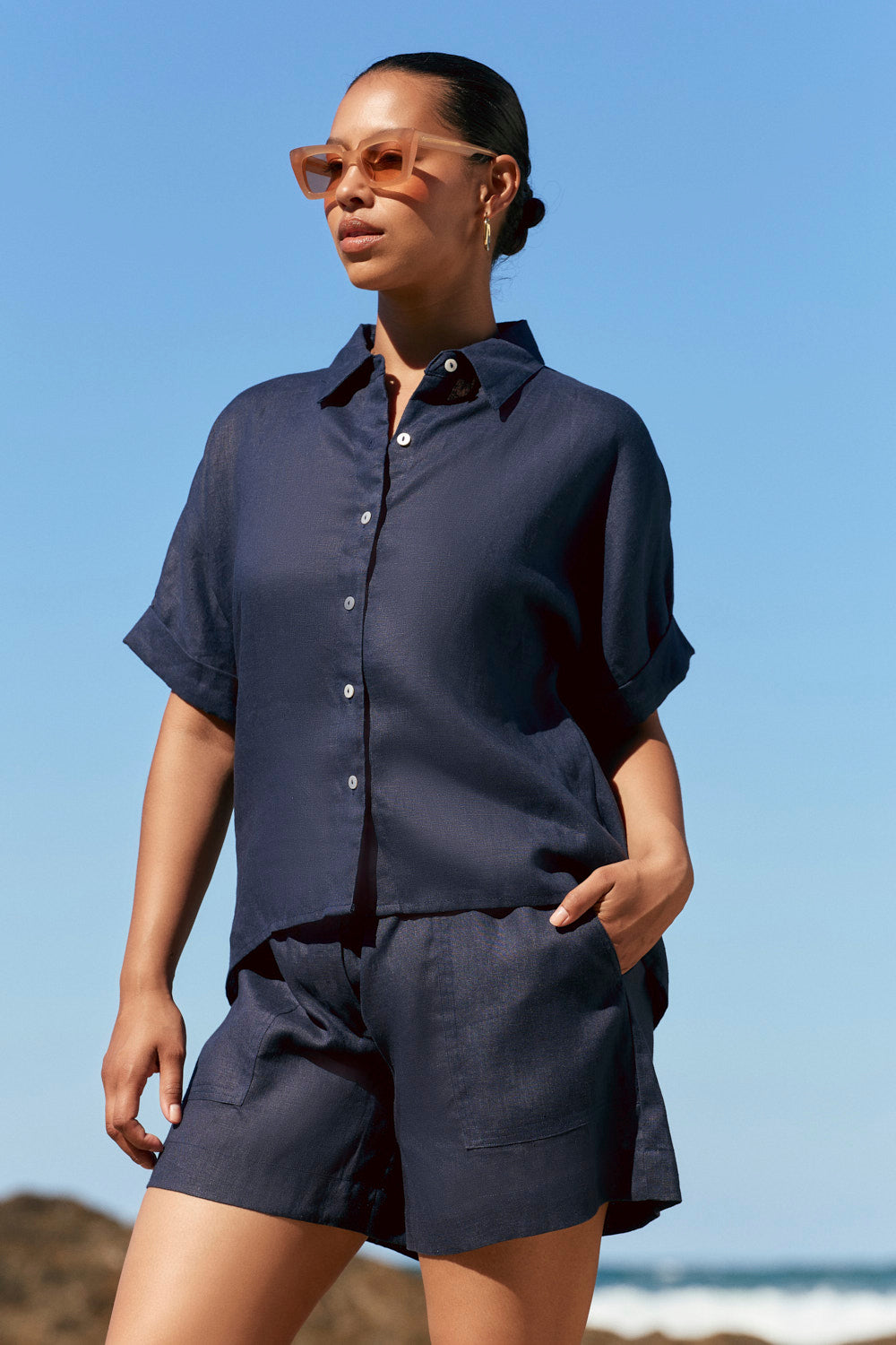 Carmen Linen Shirt in Navy, Shirt - Adrift Clothing