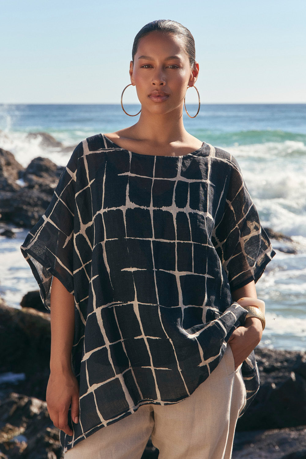 Cherry Linen Oversized Top in Woven Echo