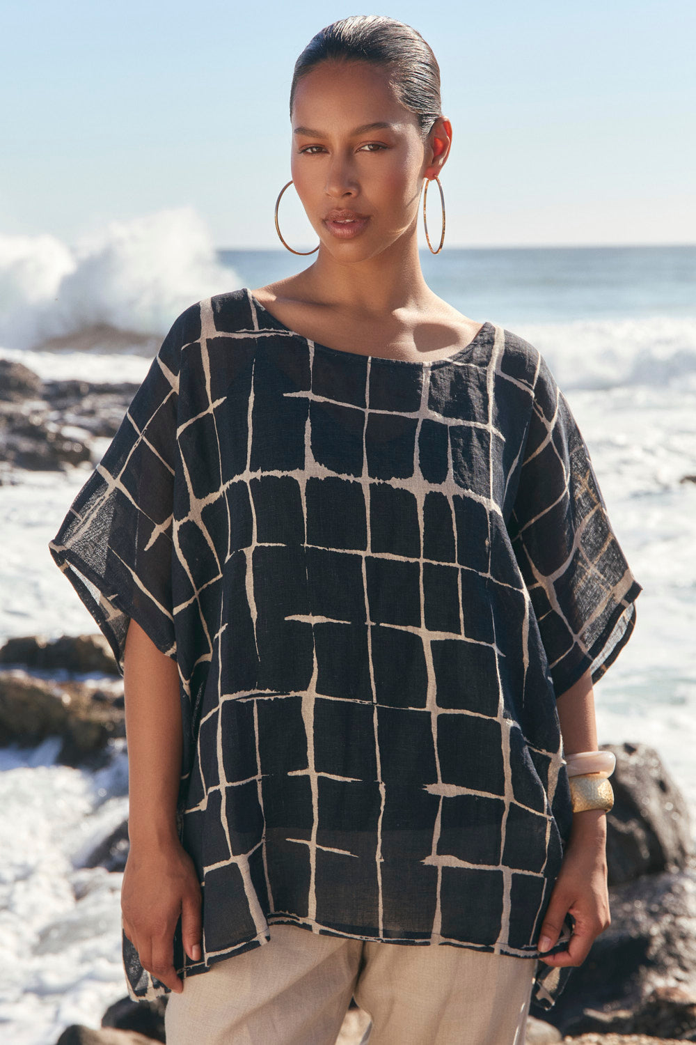 Cherry Linen Oversized Top in Woven Echo