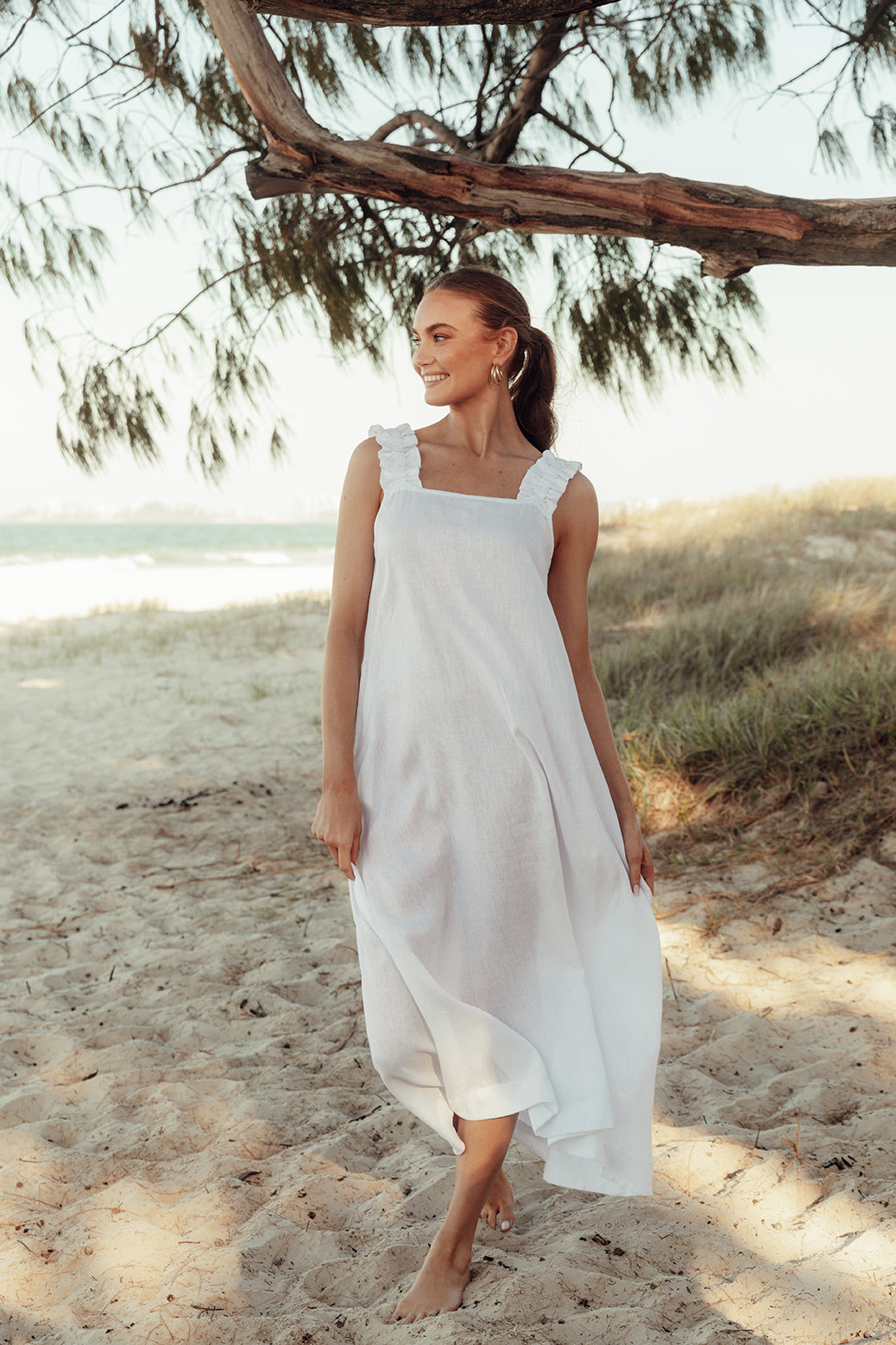 Claire Maxi Linen Dress in White Adrift Clothing