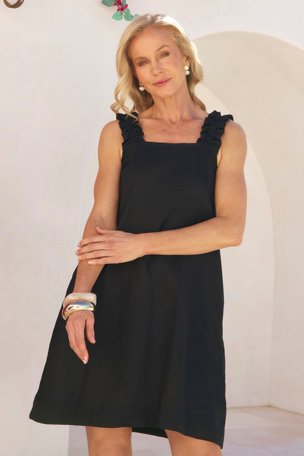 Claire Short Linen Dress in Black, Short Dress - Adrift Clothing