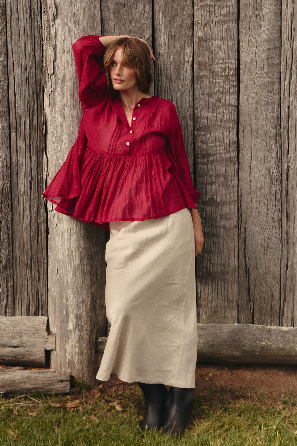 Coco Cotton Silk Blouse in Scarlet with shell button detail in cool-toned red, Adrift Clothing