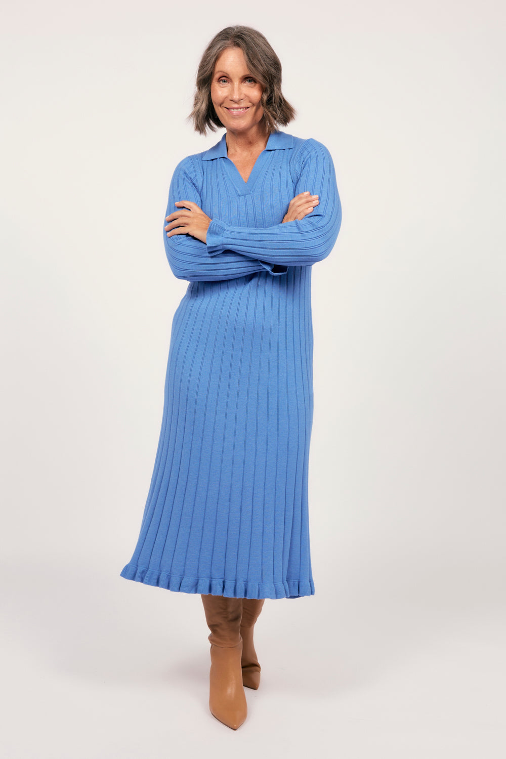 Collared Knitted Swing Dress in Blue, Midi Dress - Adrift Clothing