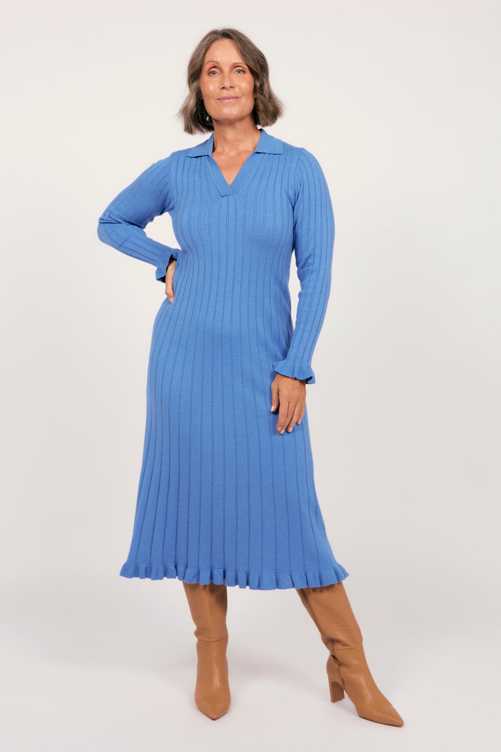 Collared Knitted Swing Dress in Blue, Midi Dress - Adrift Clothing