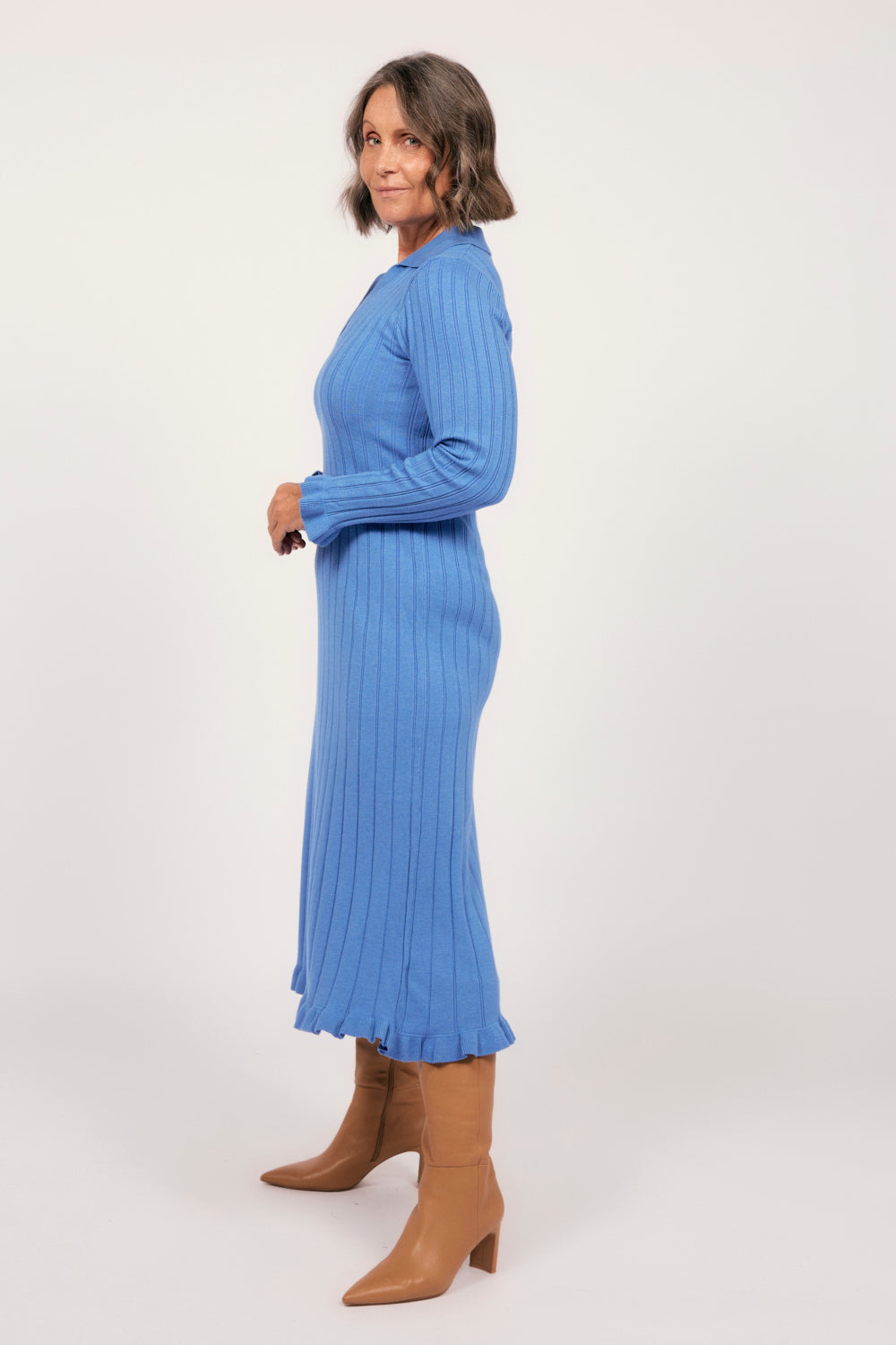 Collared Knitted Swing Dress in Blue
