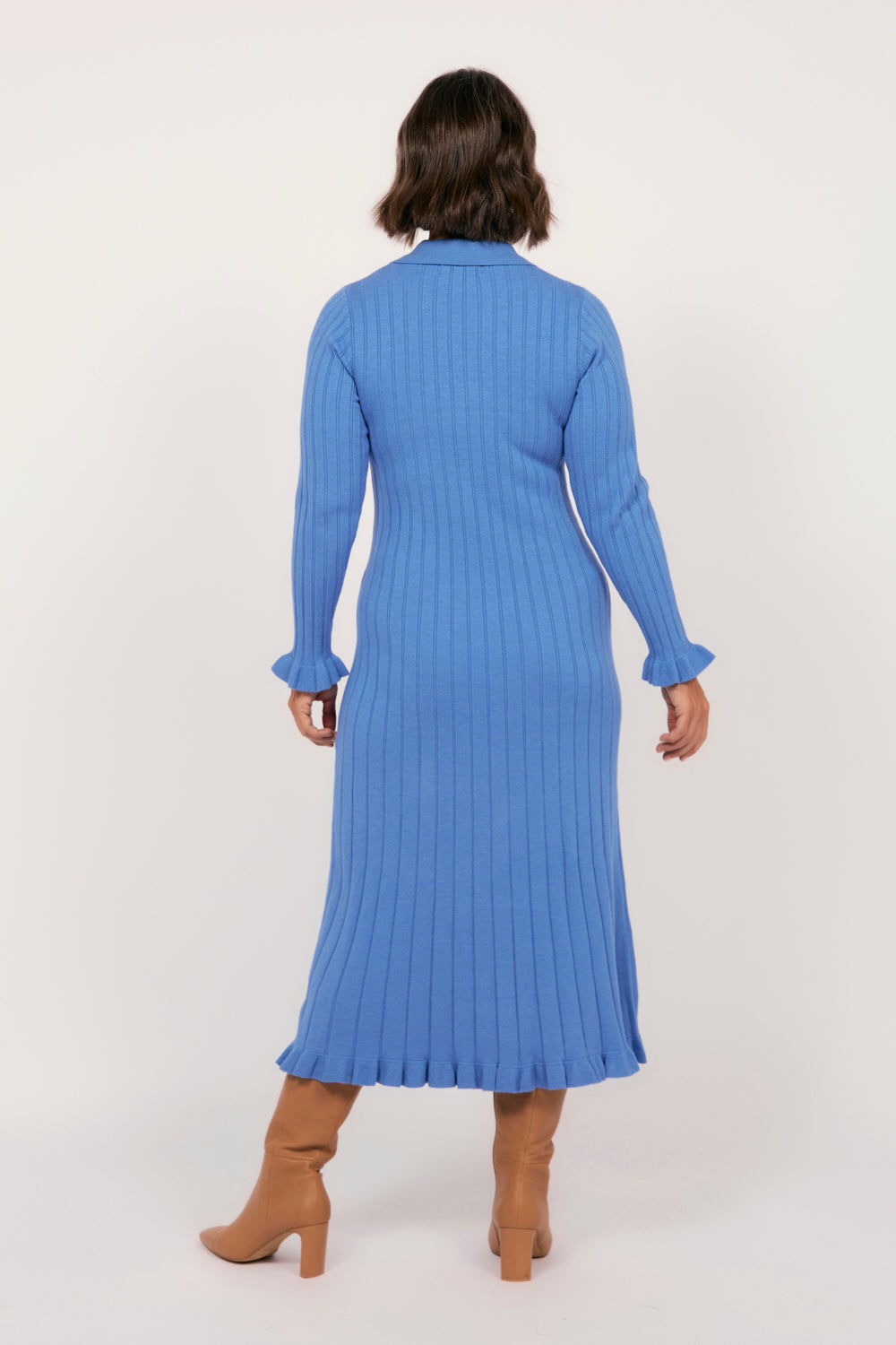 Collared Knitted Swing Dress in Blue