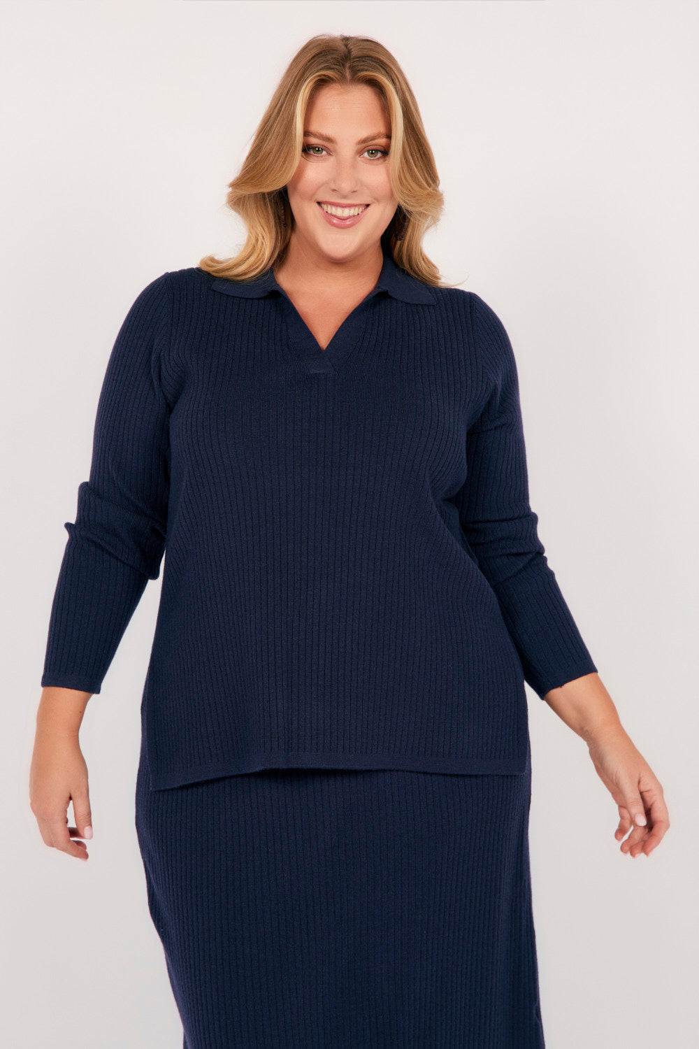Collared Knitted Top in Navy