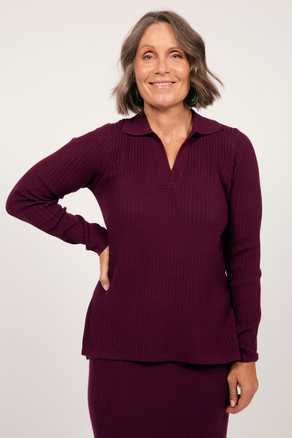 Collared Knitted Top in Plum