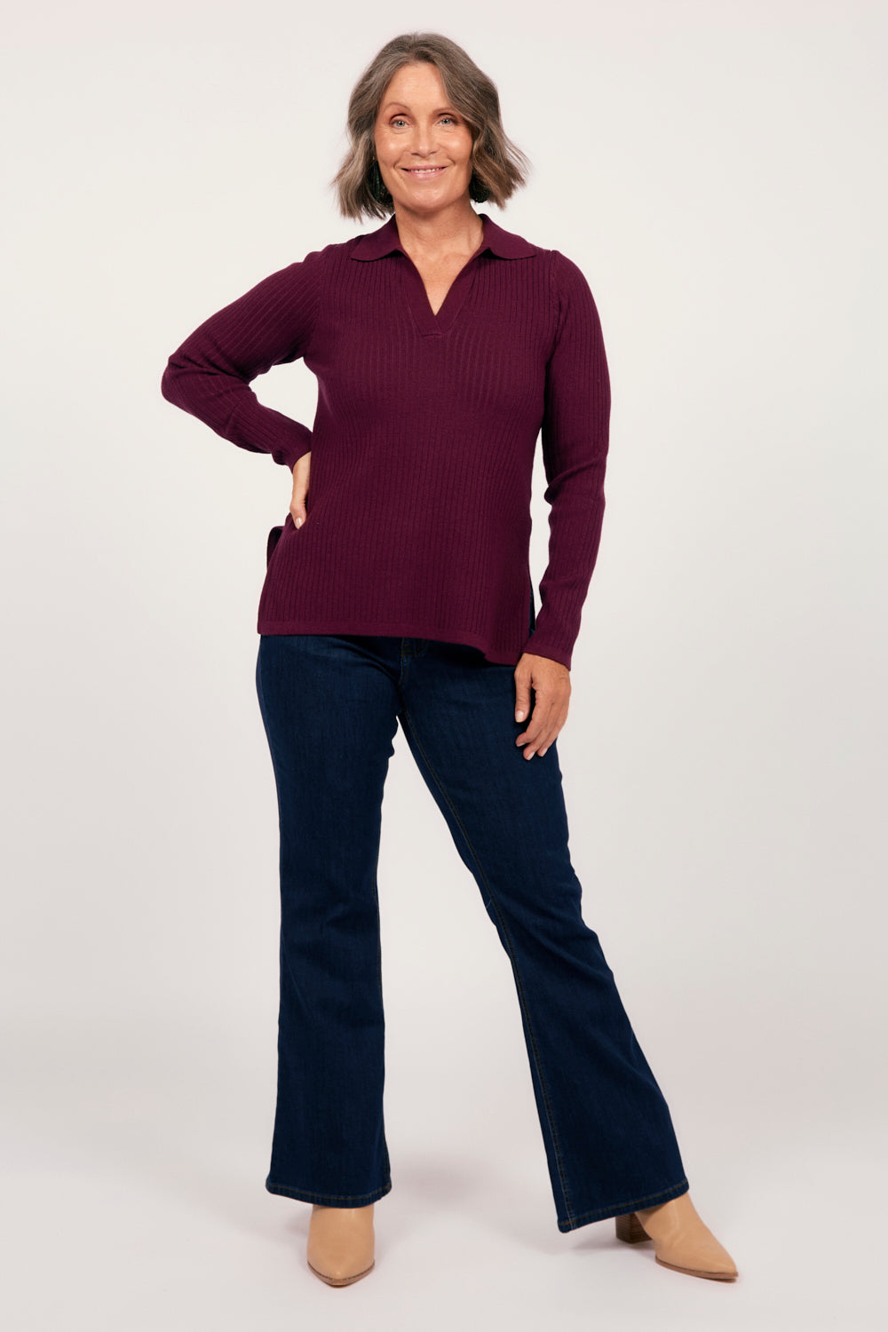 Collared Knitted Top in Plum