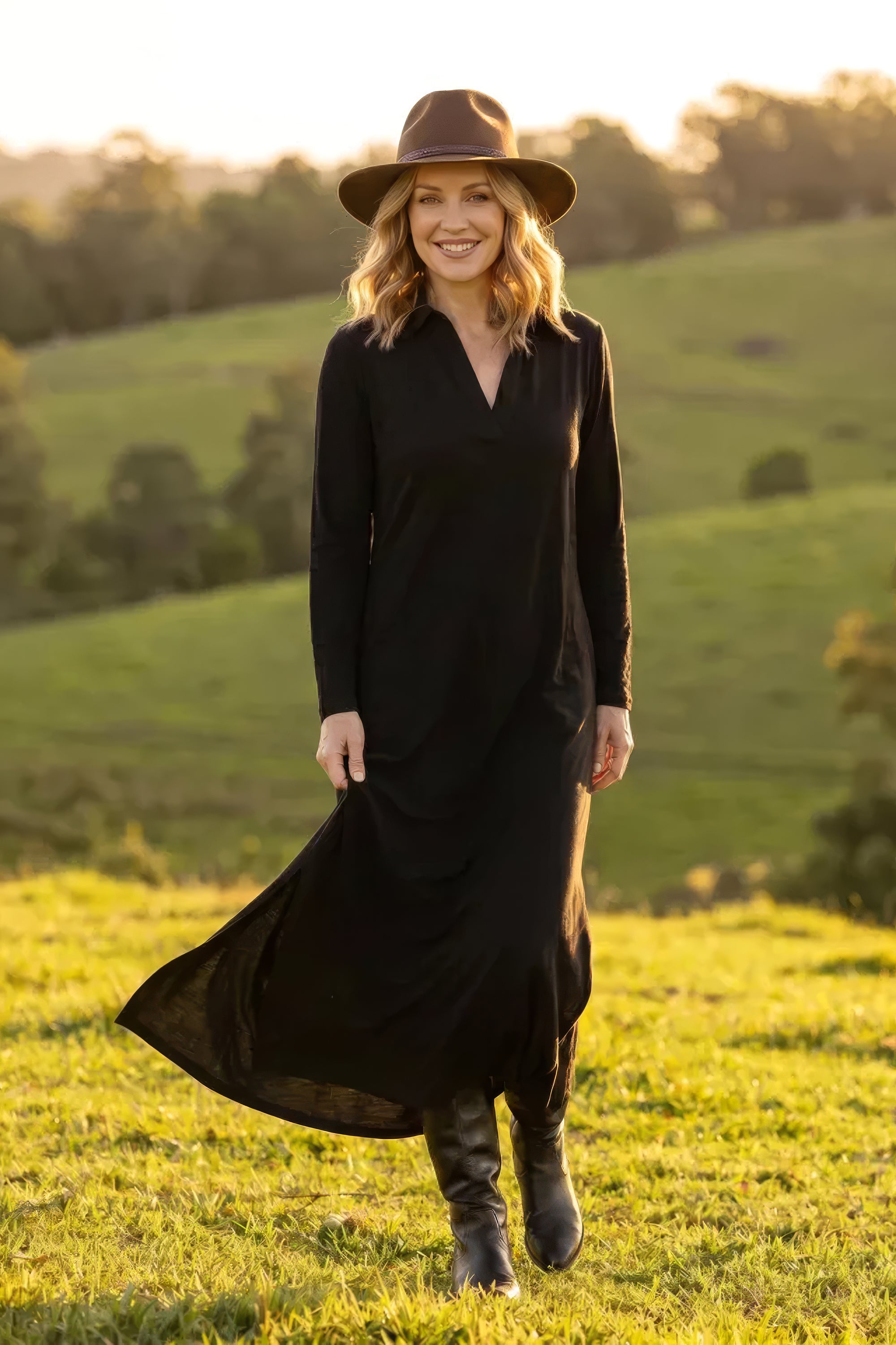 Collared Long Sleeve Swing Tee Dress in Black