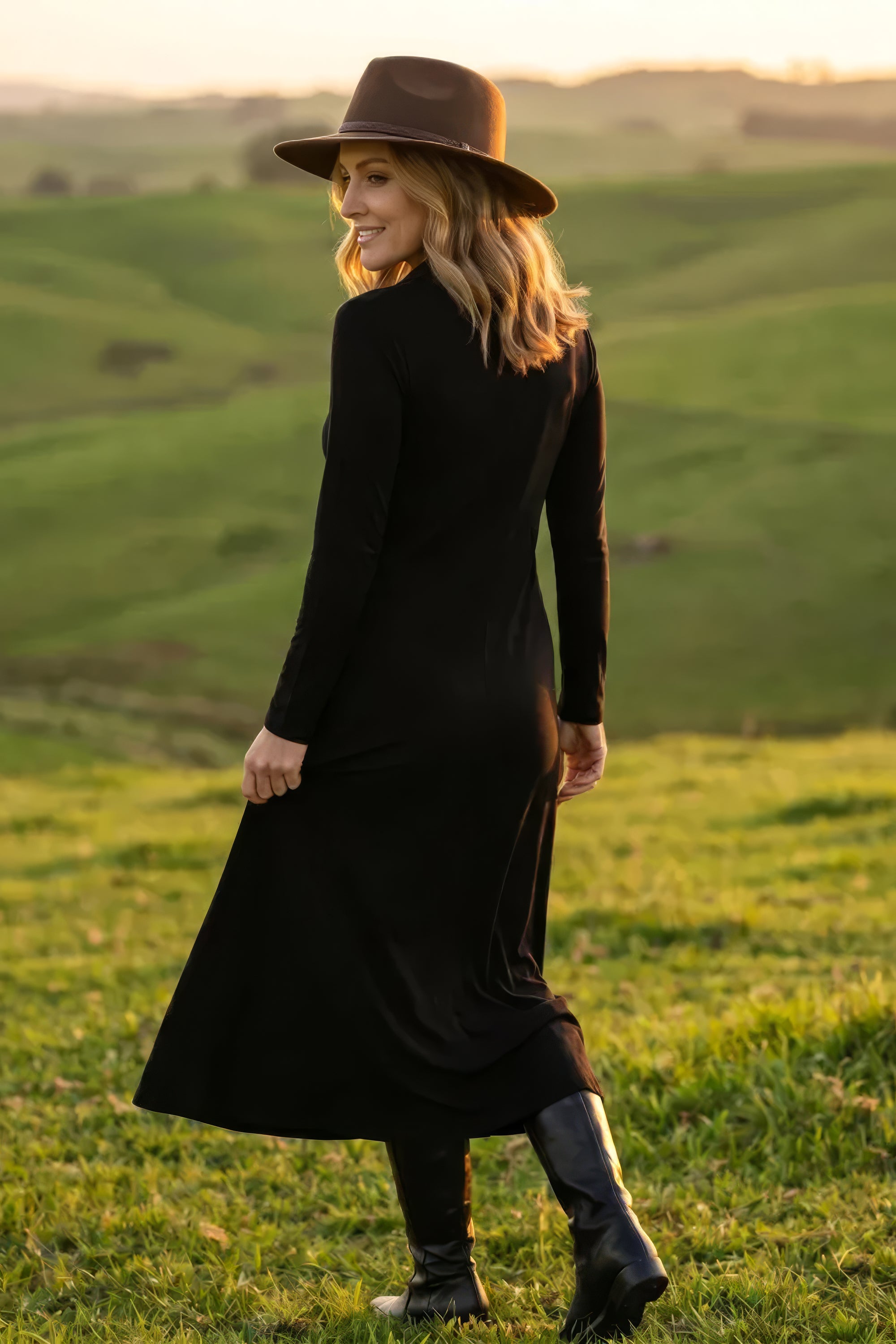 Collared Long Sleeve Swing Tee Dress in Black