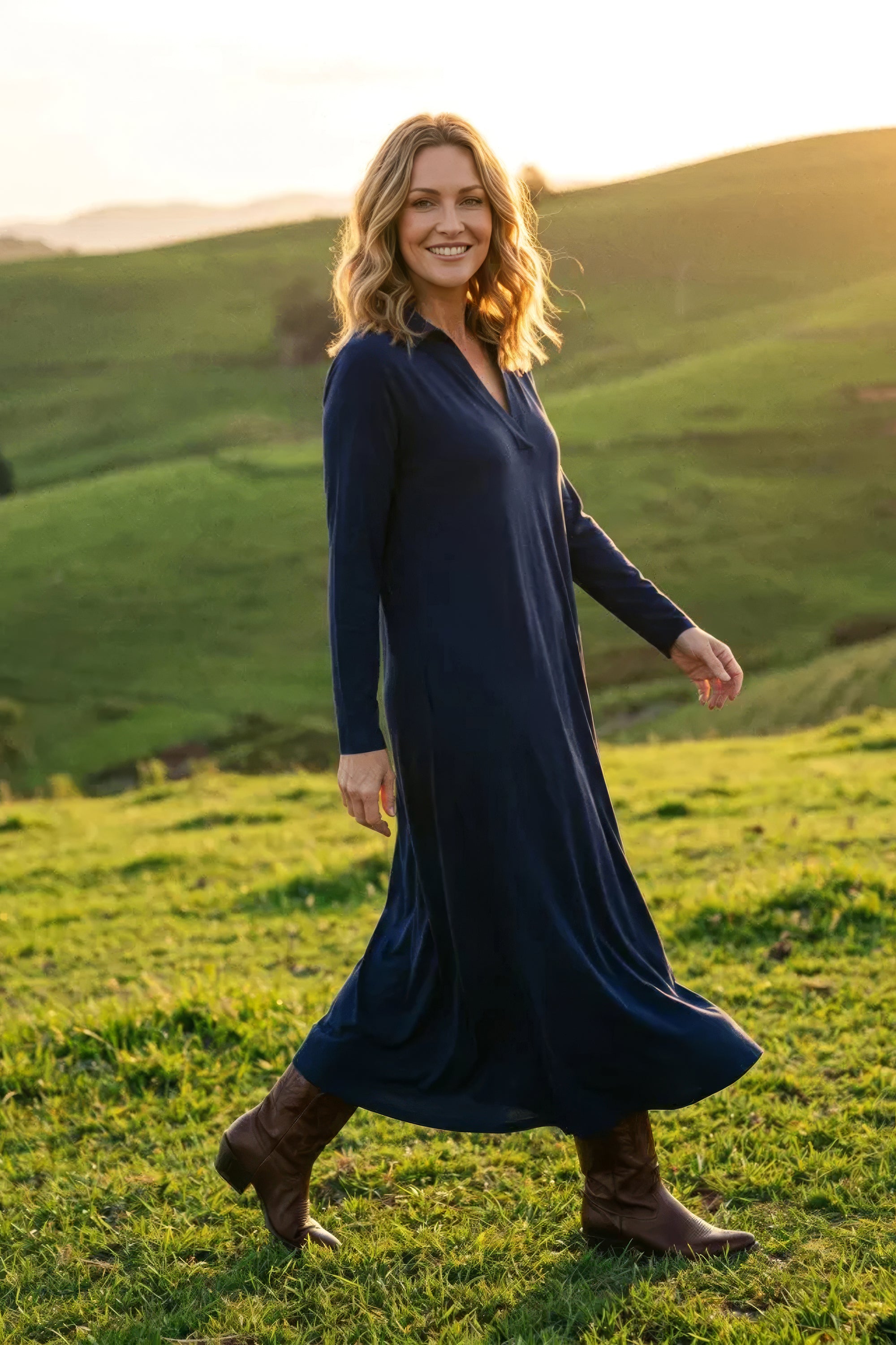 Collared Long Sleeve Swing Dress in Navy
