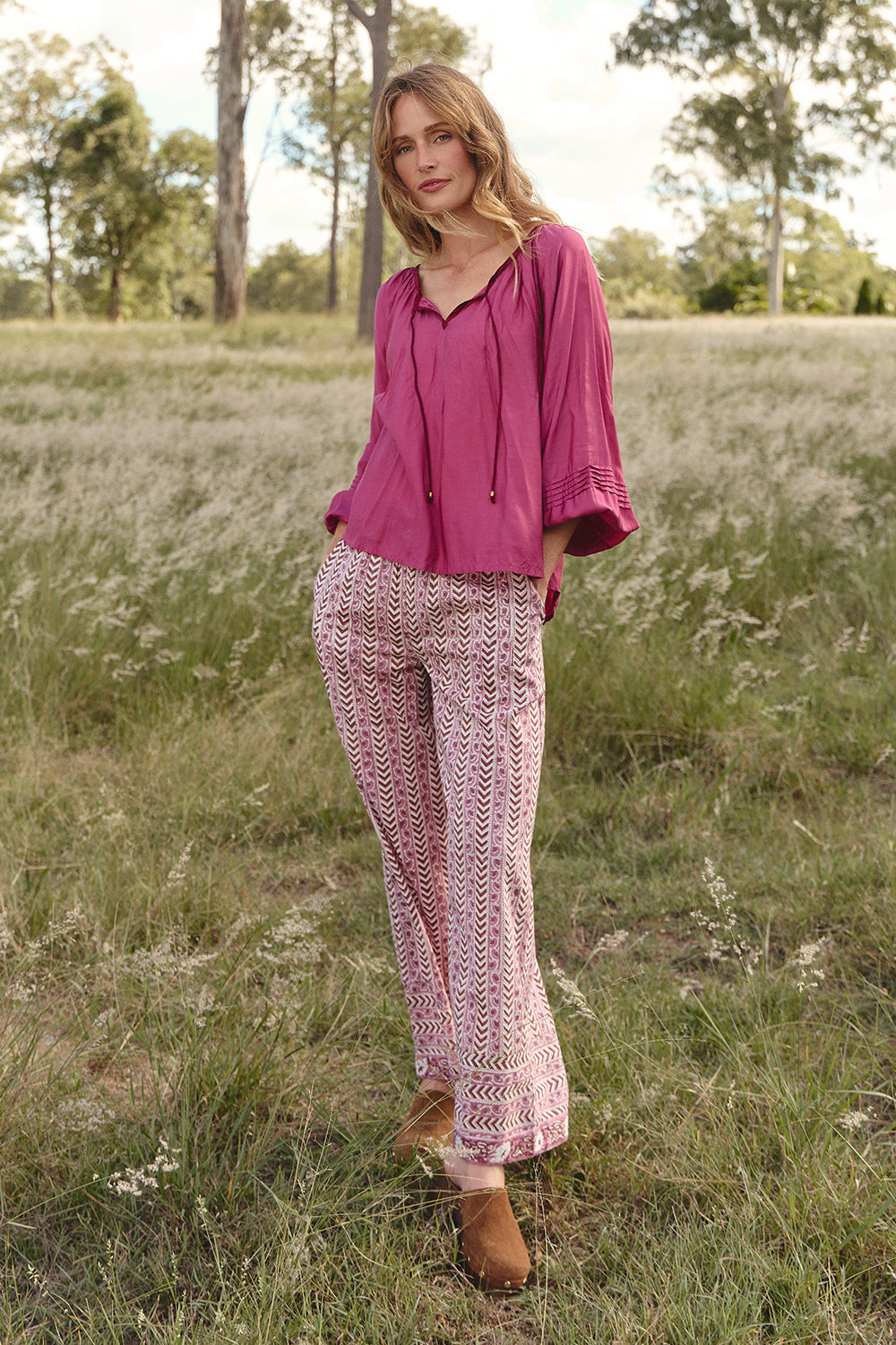 Delilah Cotton Silk Swing Blouse in Rose Wine