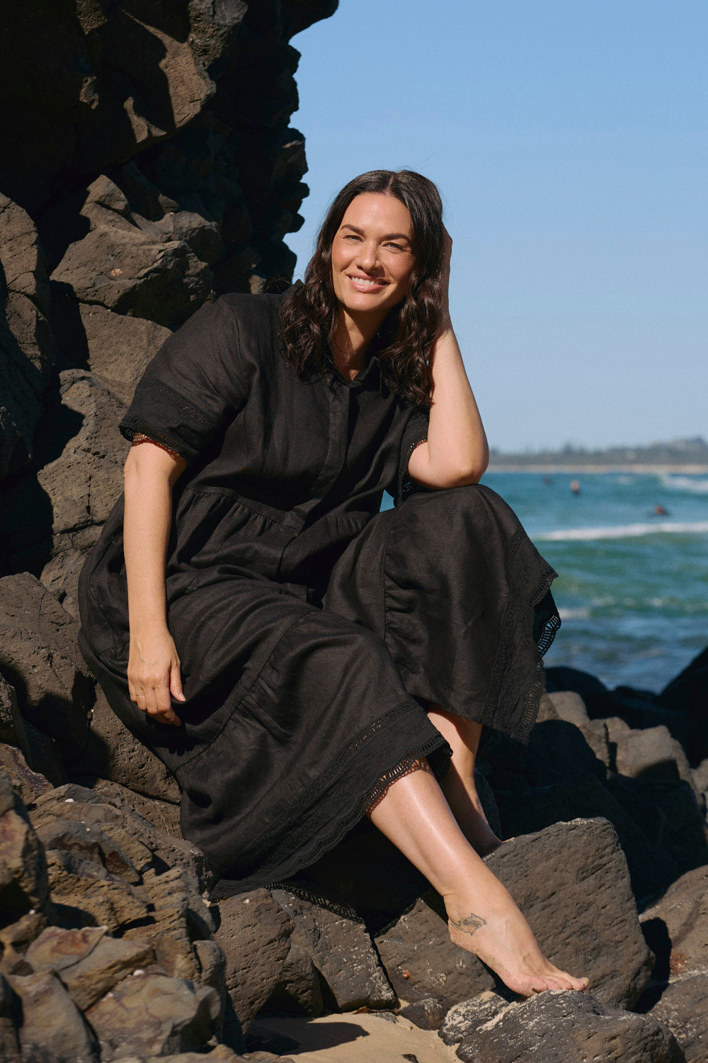 Winslow Linen Button-Through Dress in Black