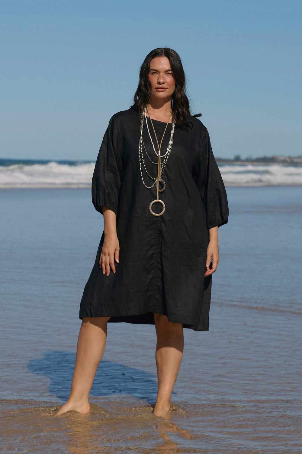 Hazel Short Linen Dress in Black