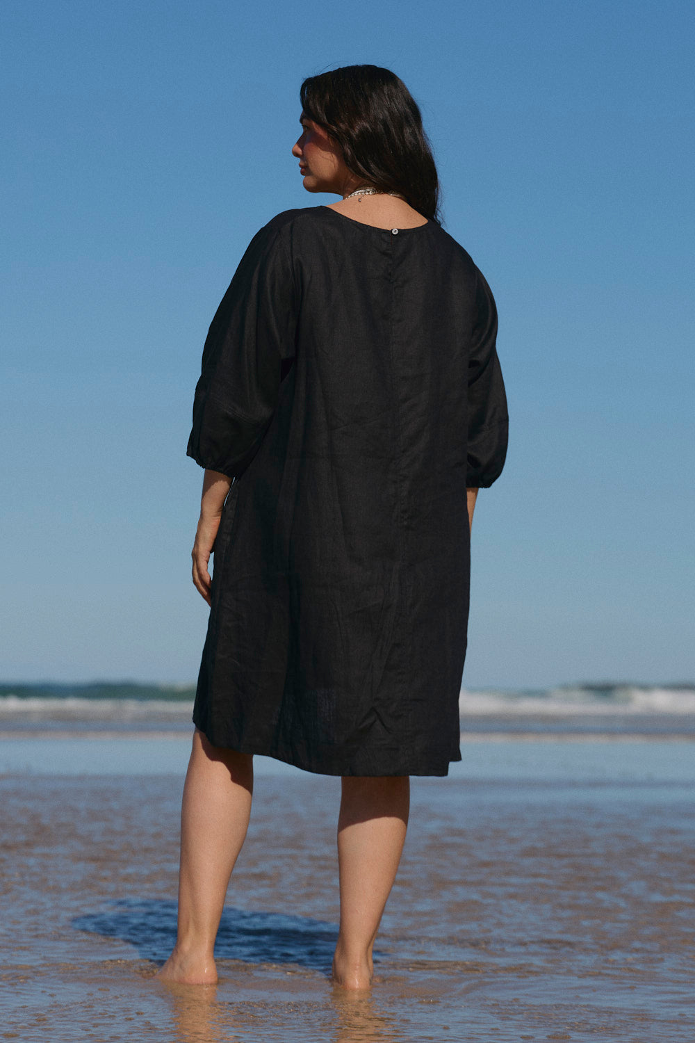 Hazel Short Linen Dress in Black