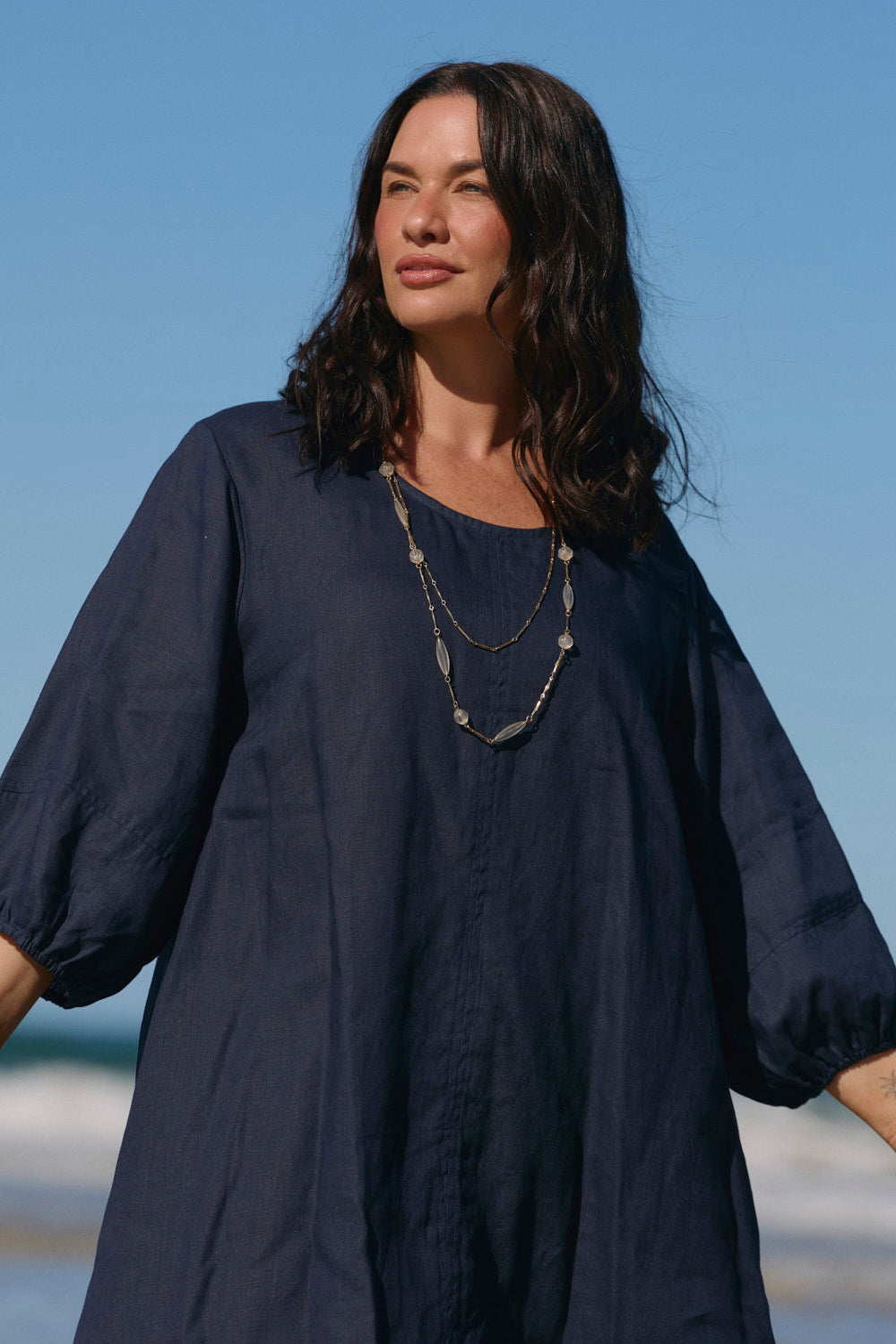 Hazel Short Linen Shift Dress in Navy