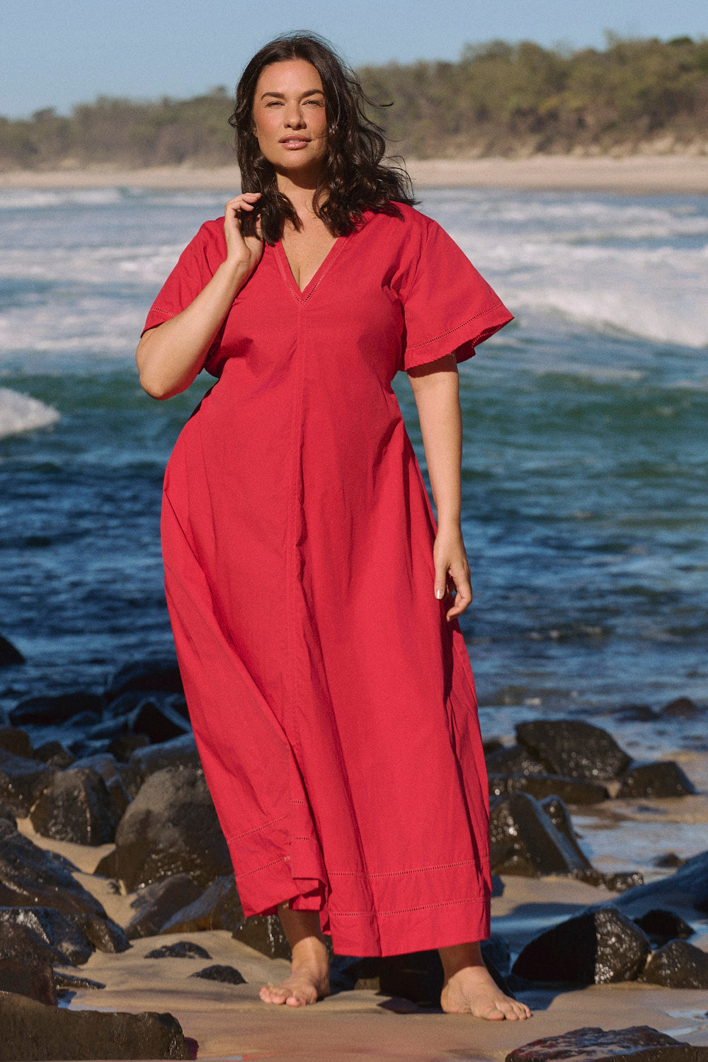 Tatum Flutter Sleeve Dress in Red Poplin with contrast details, crisp breathable cotton poplin, Adrift Clothing