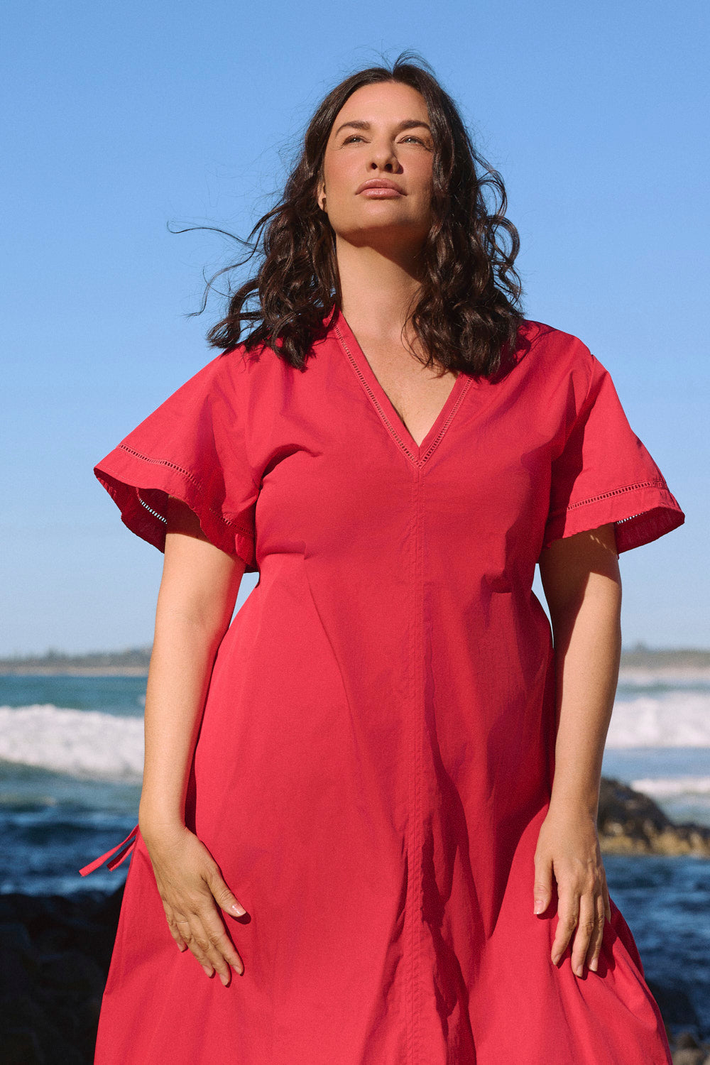 Tatum Flutter Sleeve Dress in Red Poplin styled from morning to evening, designed in Brisbane Australia