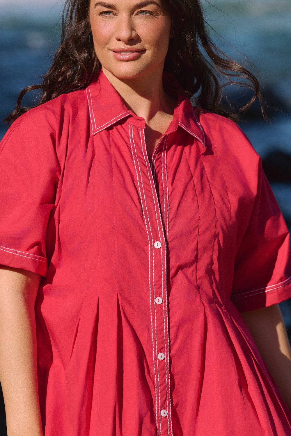 Bridget Pleated Dress in Red Poplin