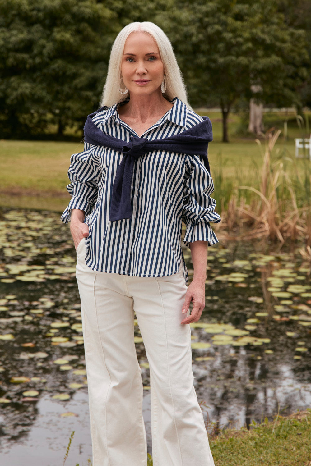 Ebony Frill Cuff Shirt in Navy Stripe