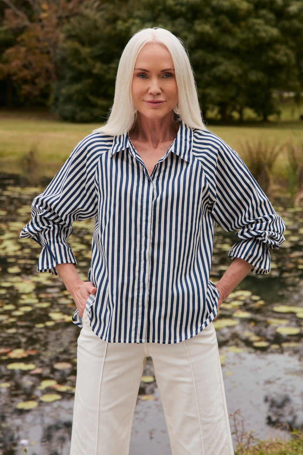 Ebony Frill Cuff Shirt in Navy Stripe