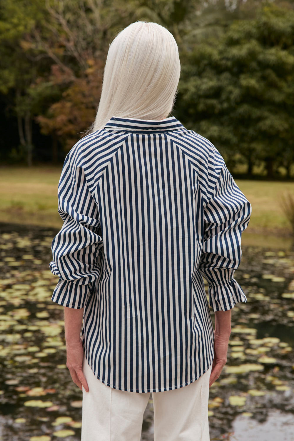 Ebony Frill Cuff Shirt in Navy Stripe