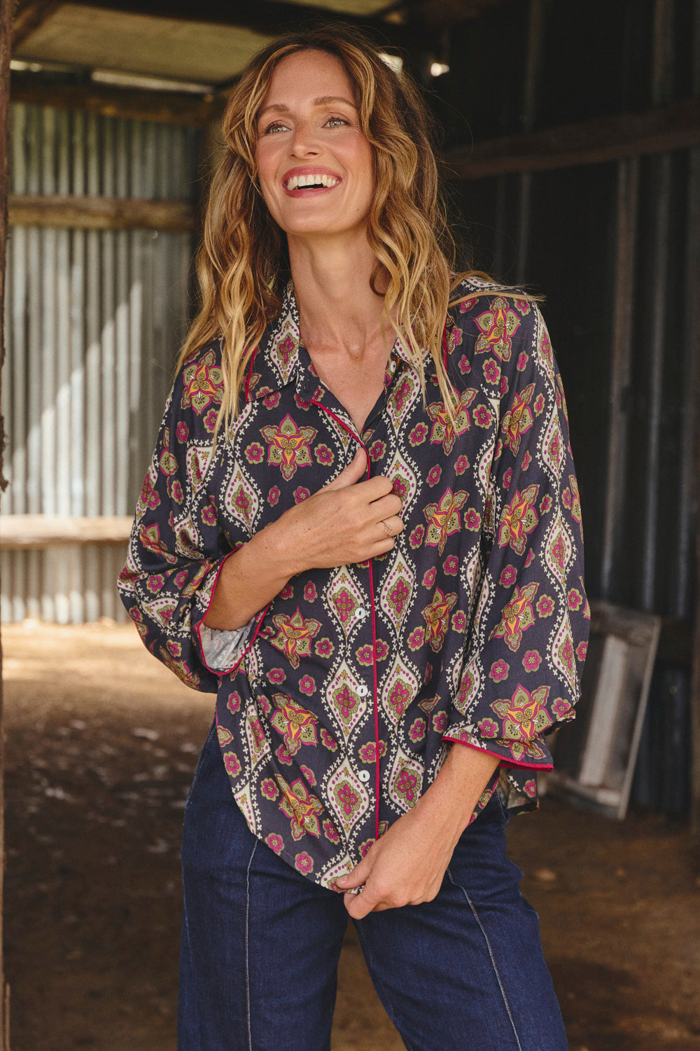 Ebony Frill Cuff Top in Veloura, contrast magenta piping adds thoughtful detail, Adrift Clothing