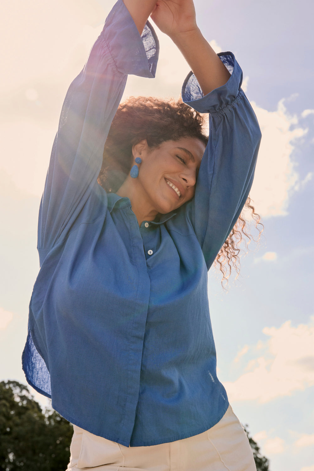 Ebony Frill Cuff Top in Yale Blue
