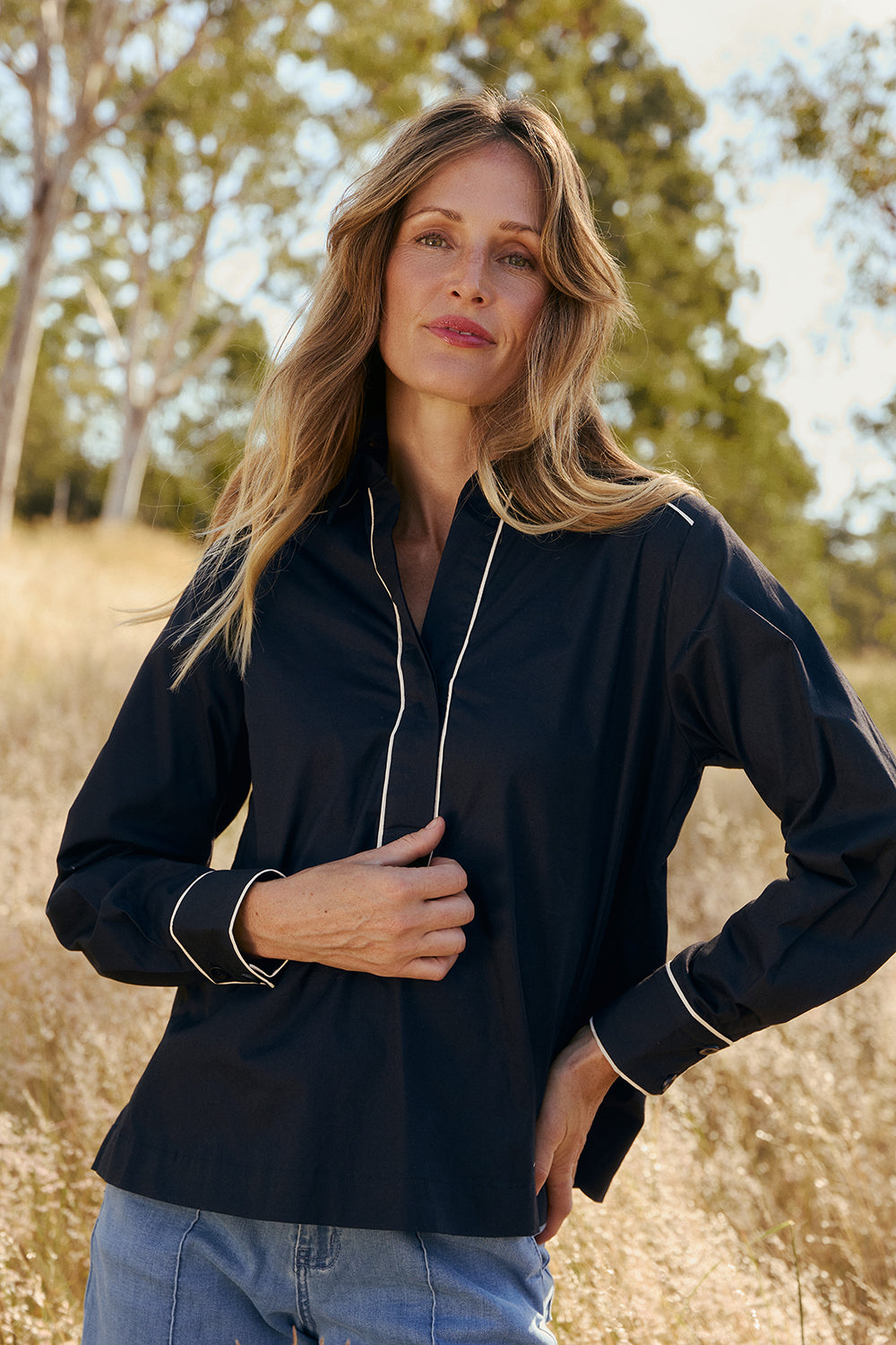 Ella Collared Top in Black Outline
