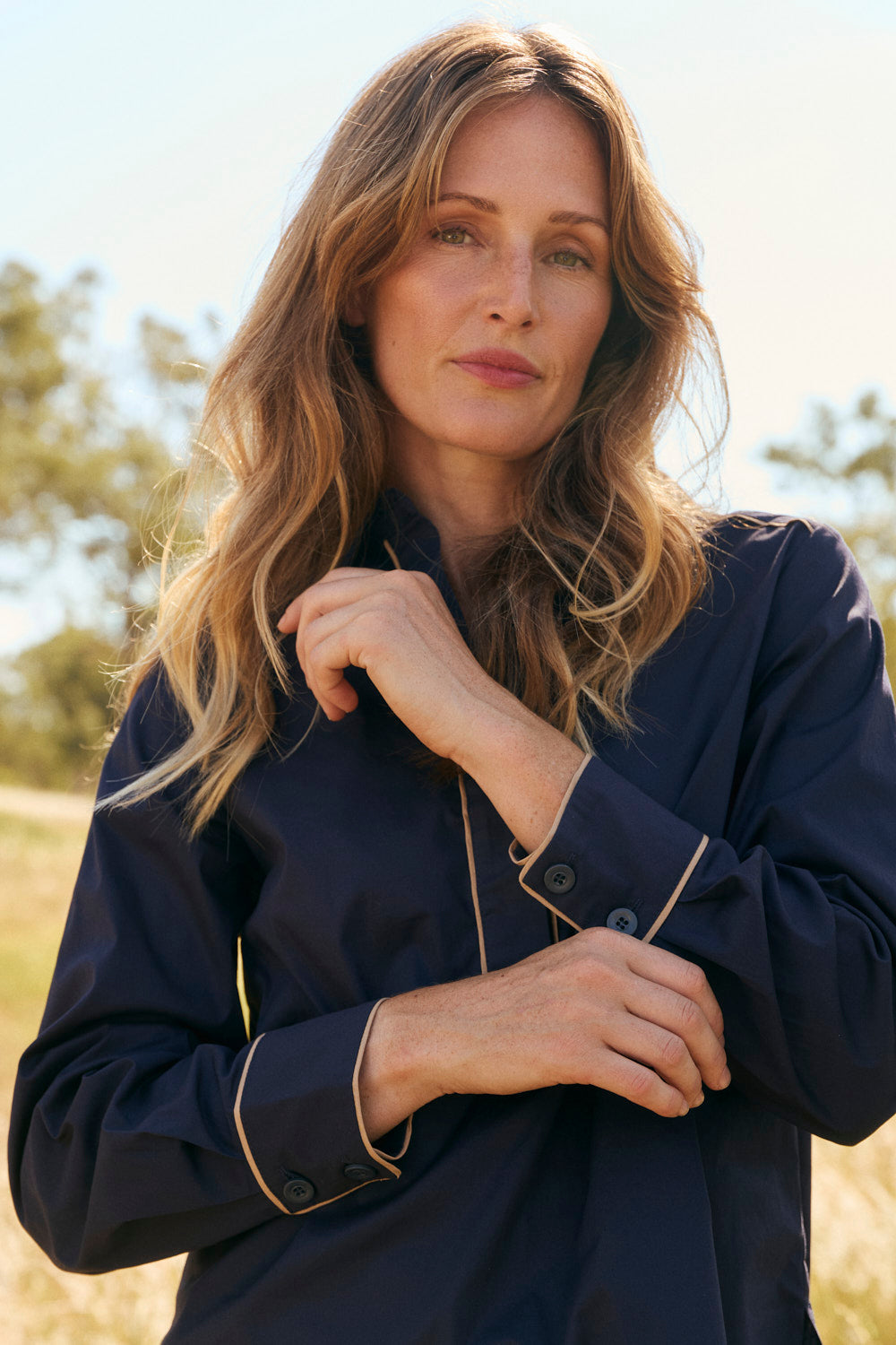 Ella Collared Top in Navy Outline