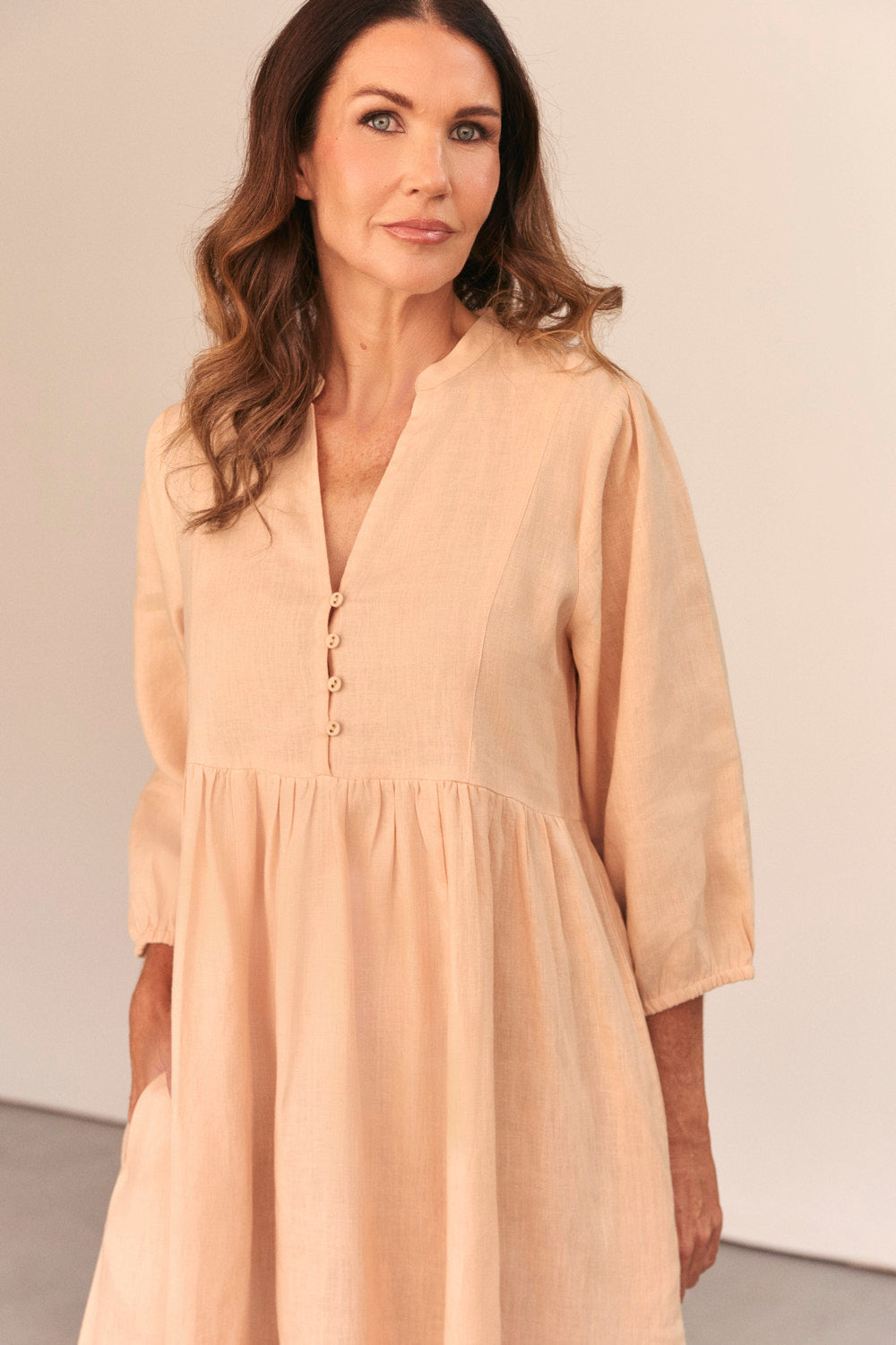 Elodie Linen Smock Dress in Sand