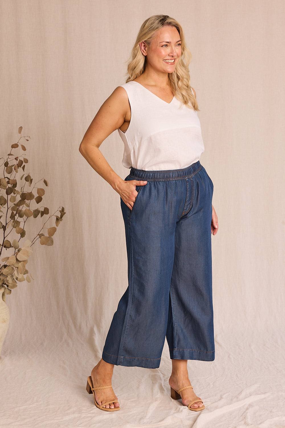 Breezy Petite Length Relaxed Tencel Pant in Mid Wash, Pant - Adrift Clothing