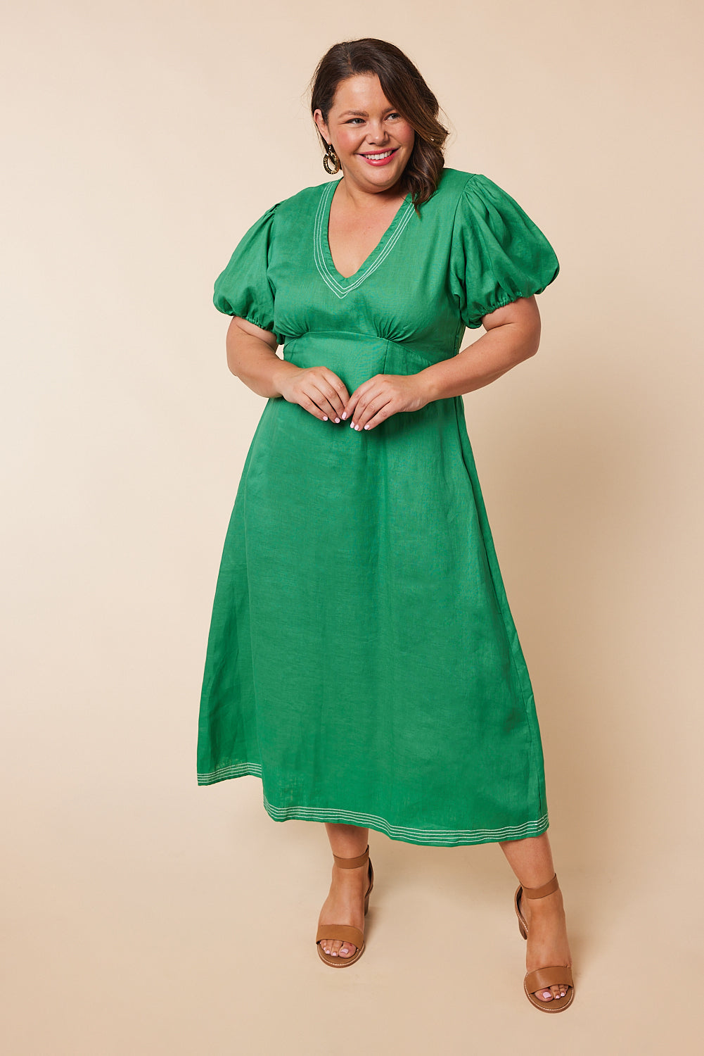 Farrah Linen Short Sleeve Dress in Green