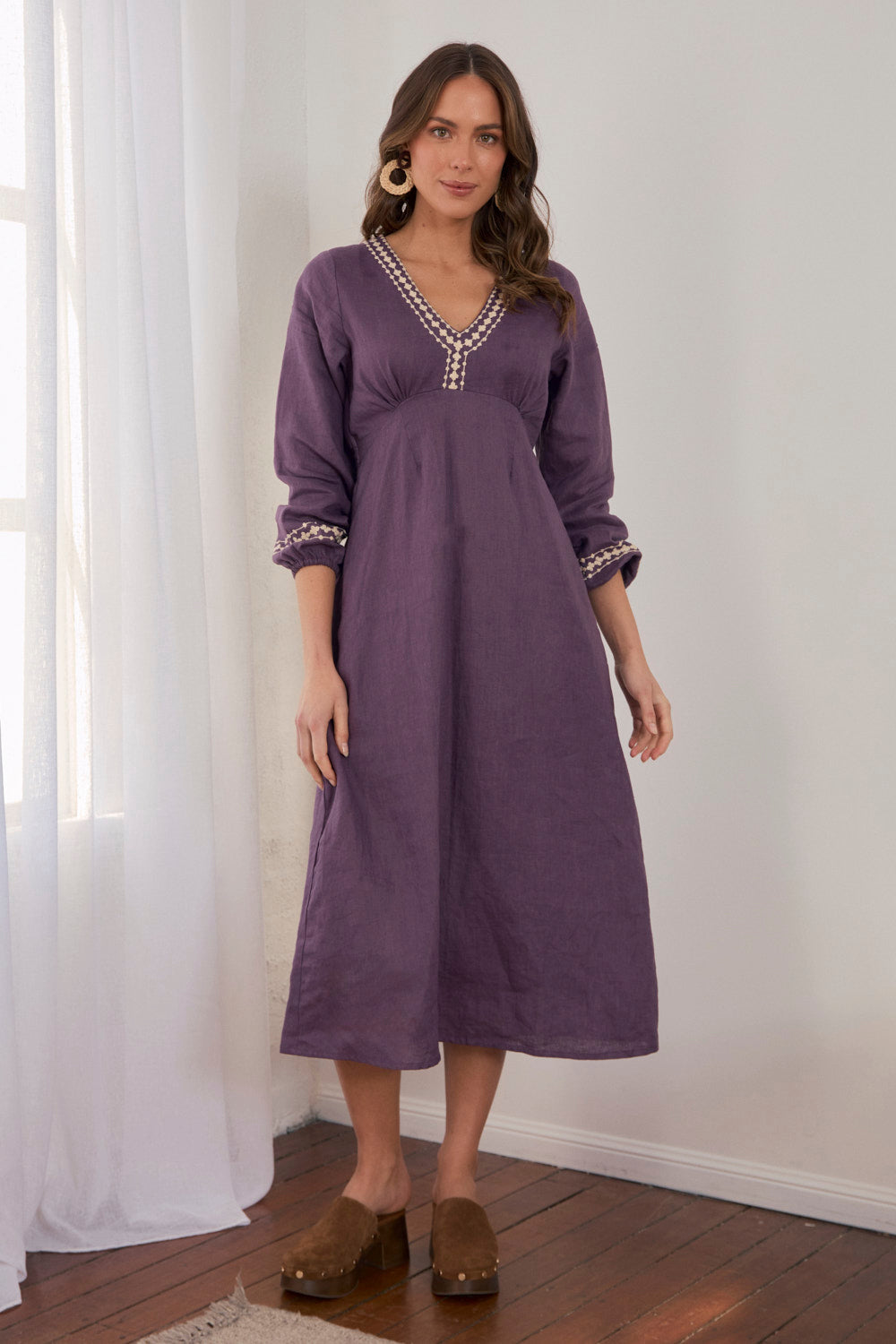 Farrah Long Sleeve Linen Dress in Merlot Dream
