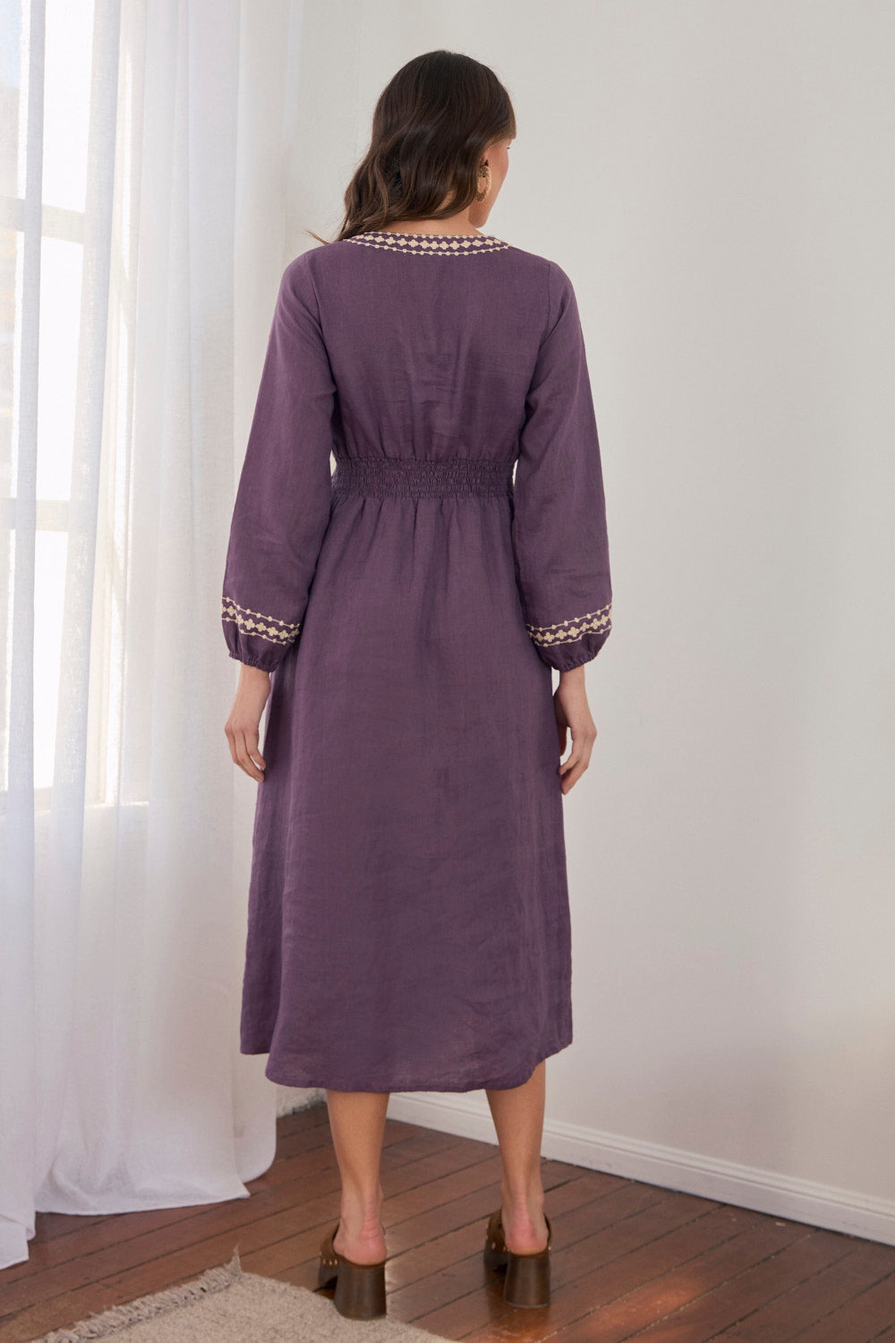 Farrah Long Sleeve Linen Dress in Merlot Dream