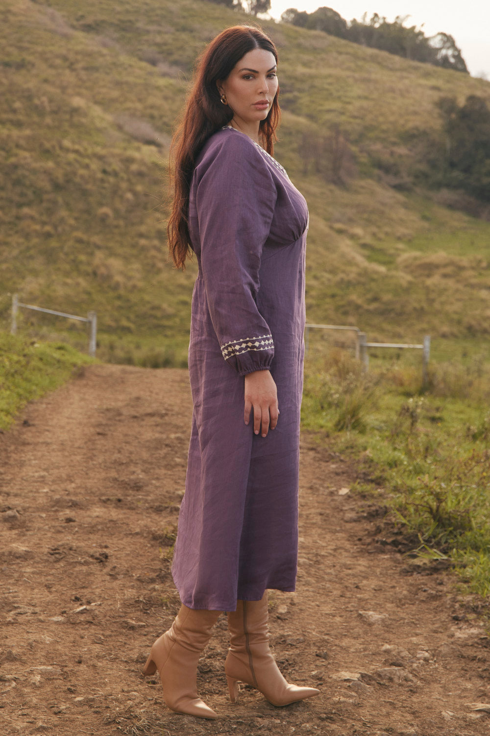 Farrah Long Sleeve Linen Dress in Merlot Dream