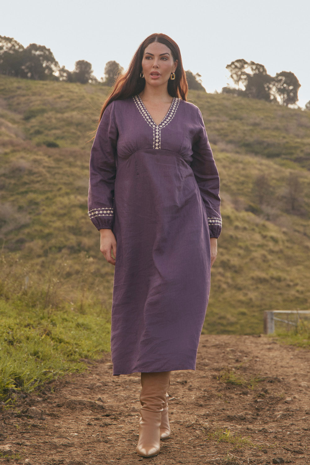 Farrah Long Sleeve Linen Dress in Merlot Dream