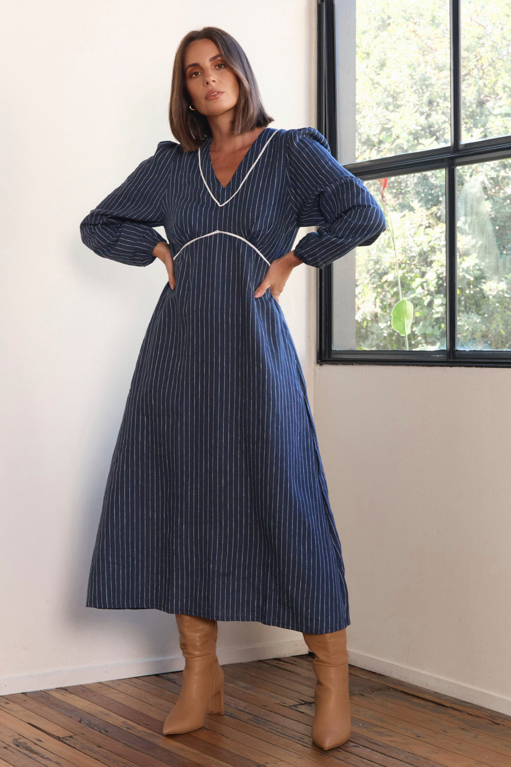 Farrah Long Sleeve Linen Dress in Pinstripe