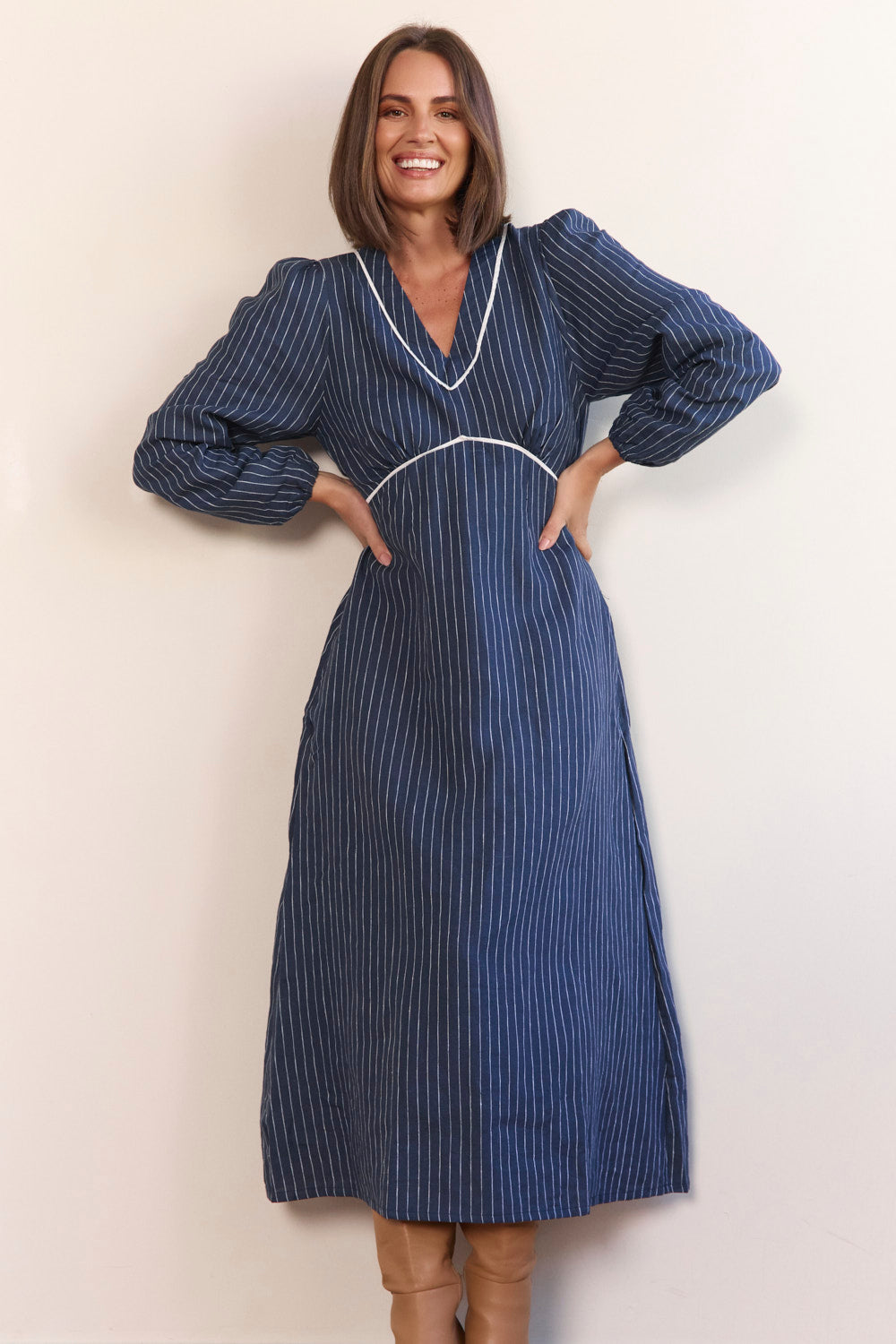 Farrah Long Sleeve Linen Dress in Pinstripe