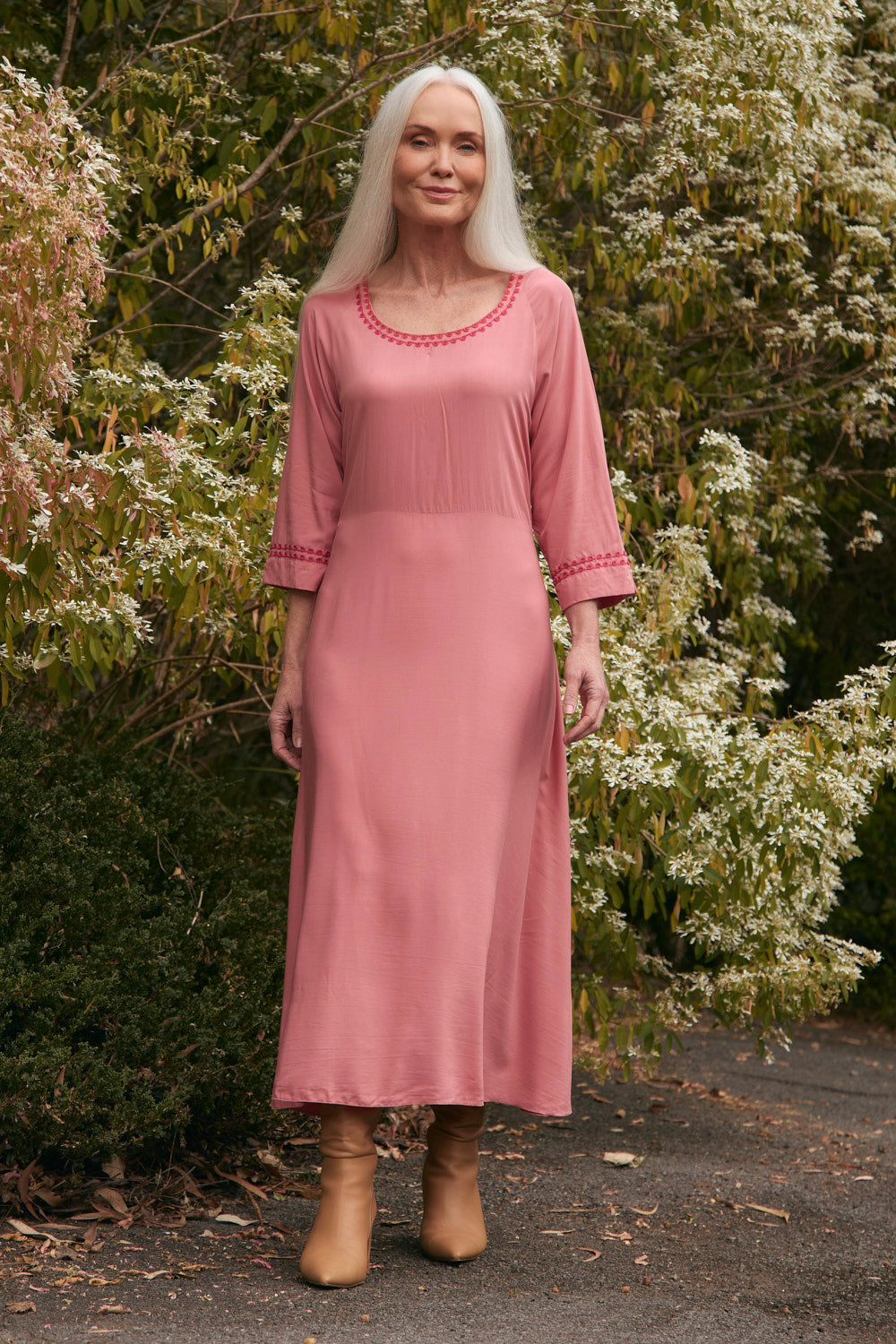 Felisha Embroidered Bias Cut Dress in Earth