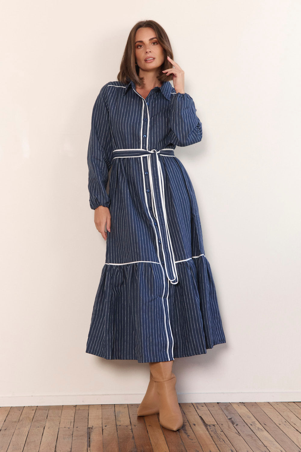 Ginette Collared Linen Dress in Pinstripe