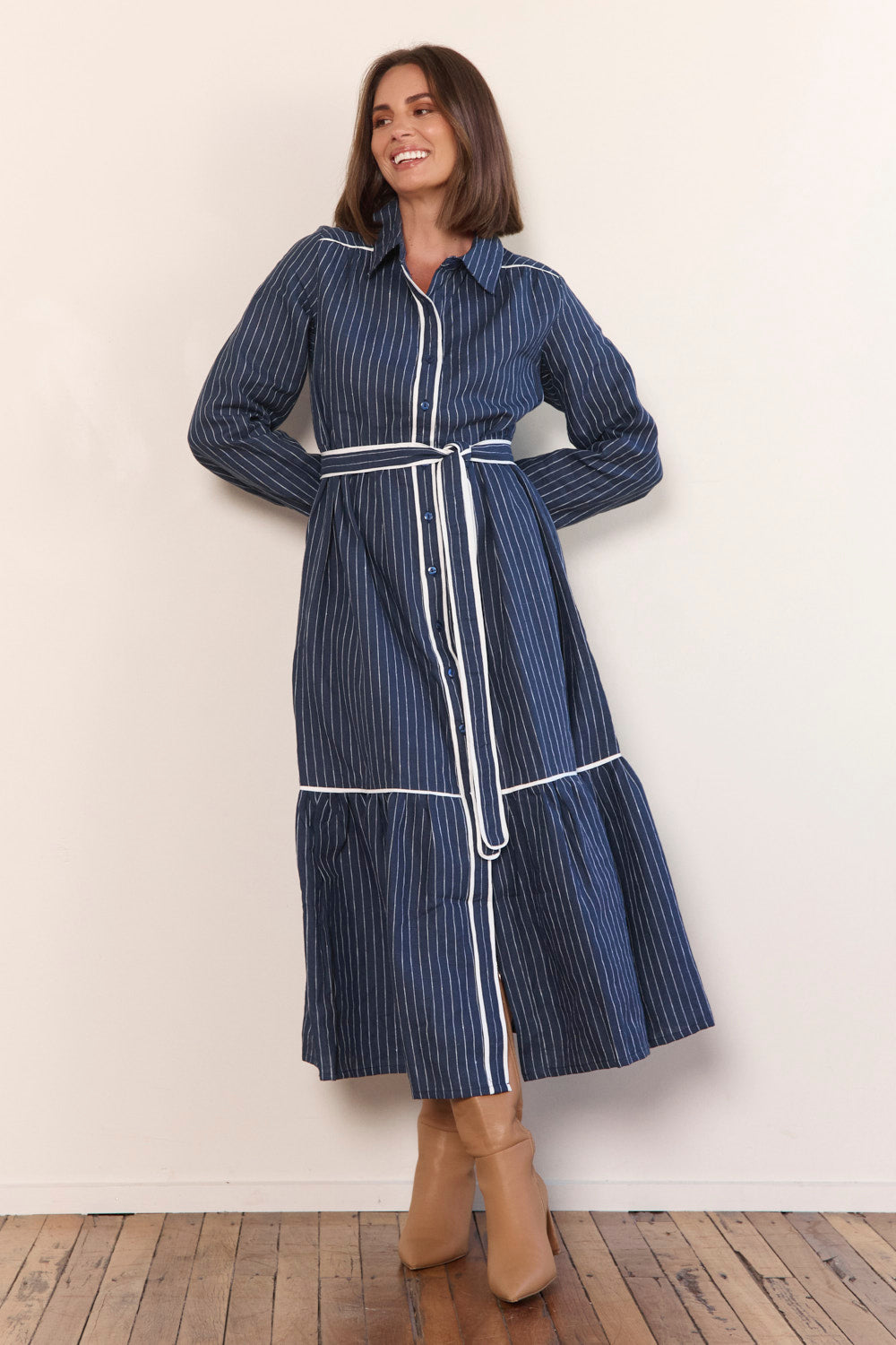 Ginette Collared Linen Dress in Pinstripe