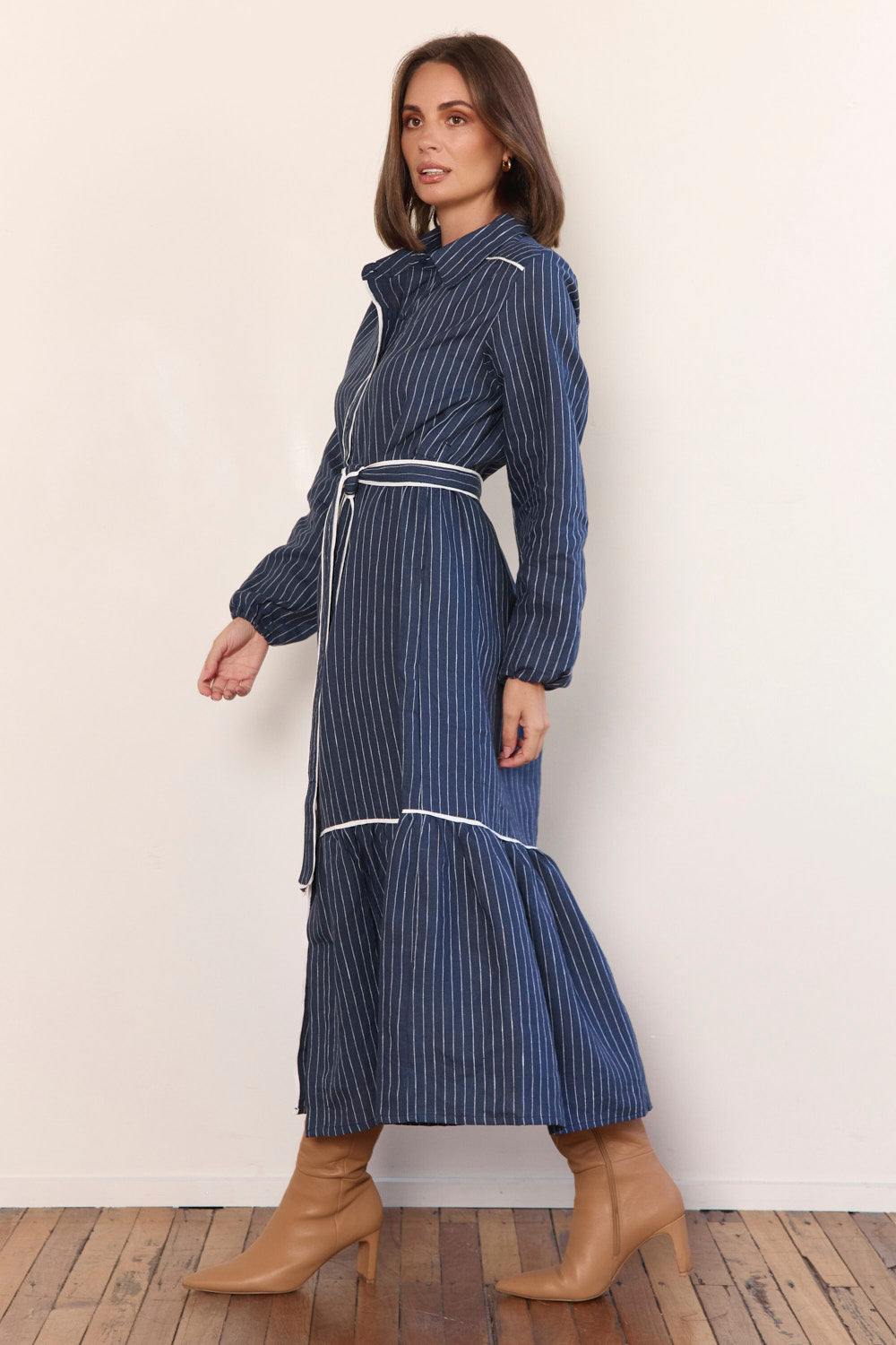 Ginette Collared Linen Dress in Pinstripe